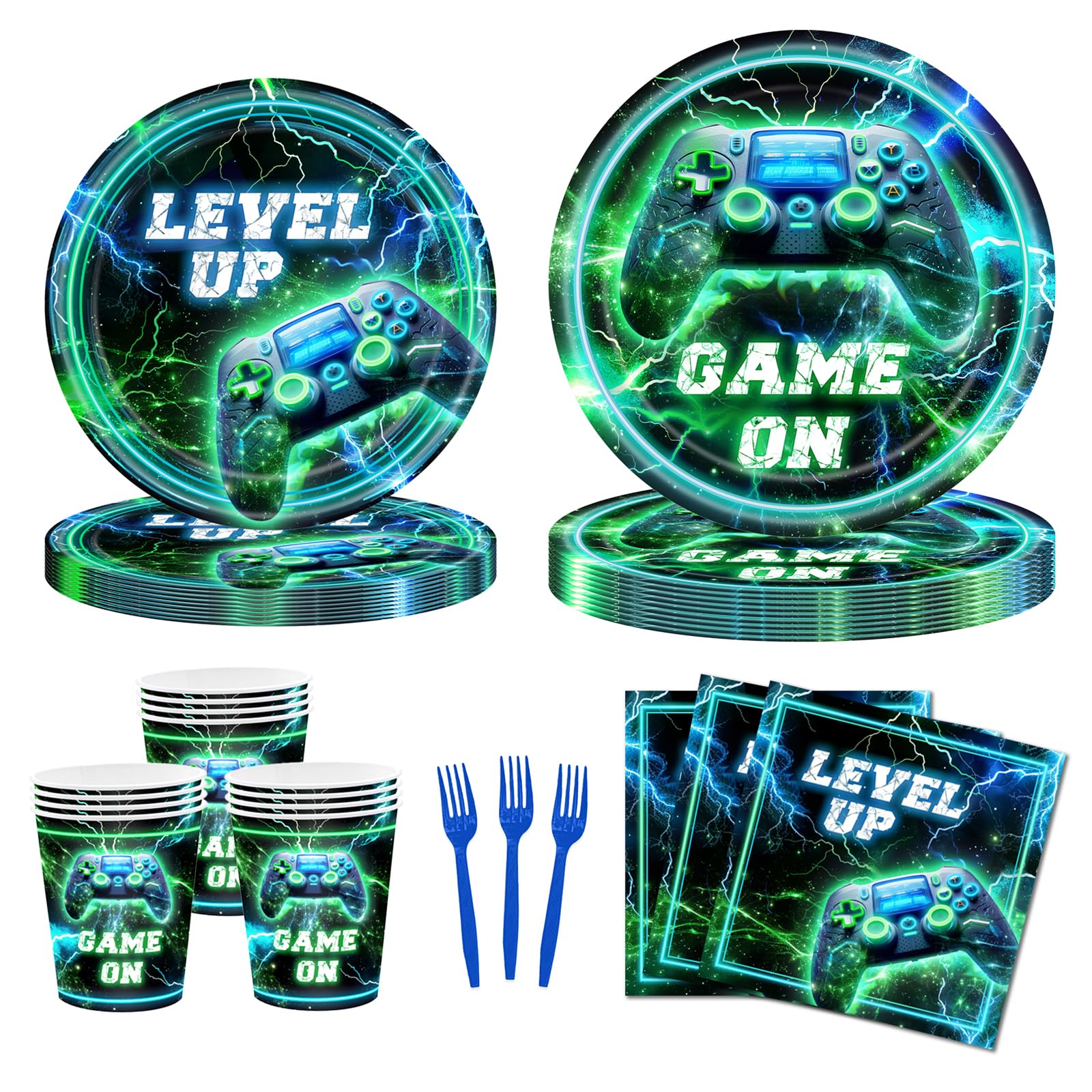 JOYHAPISTAR Game On Video Game Birthday Paper Plates Napkins and Cups - Level Up Gaming Tableware Set (Plates 9''&7", Napkins, Forks, Cups) for Boys -
