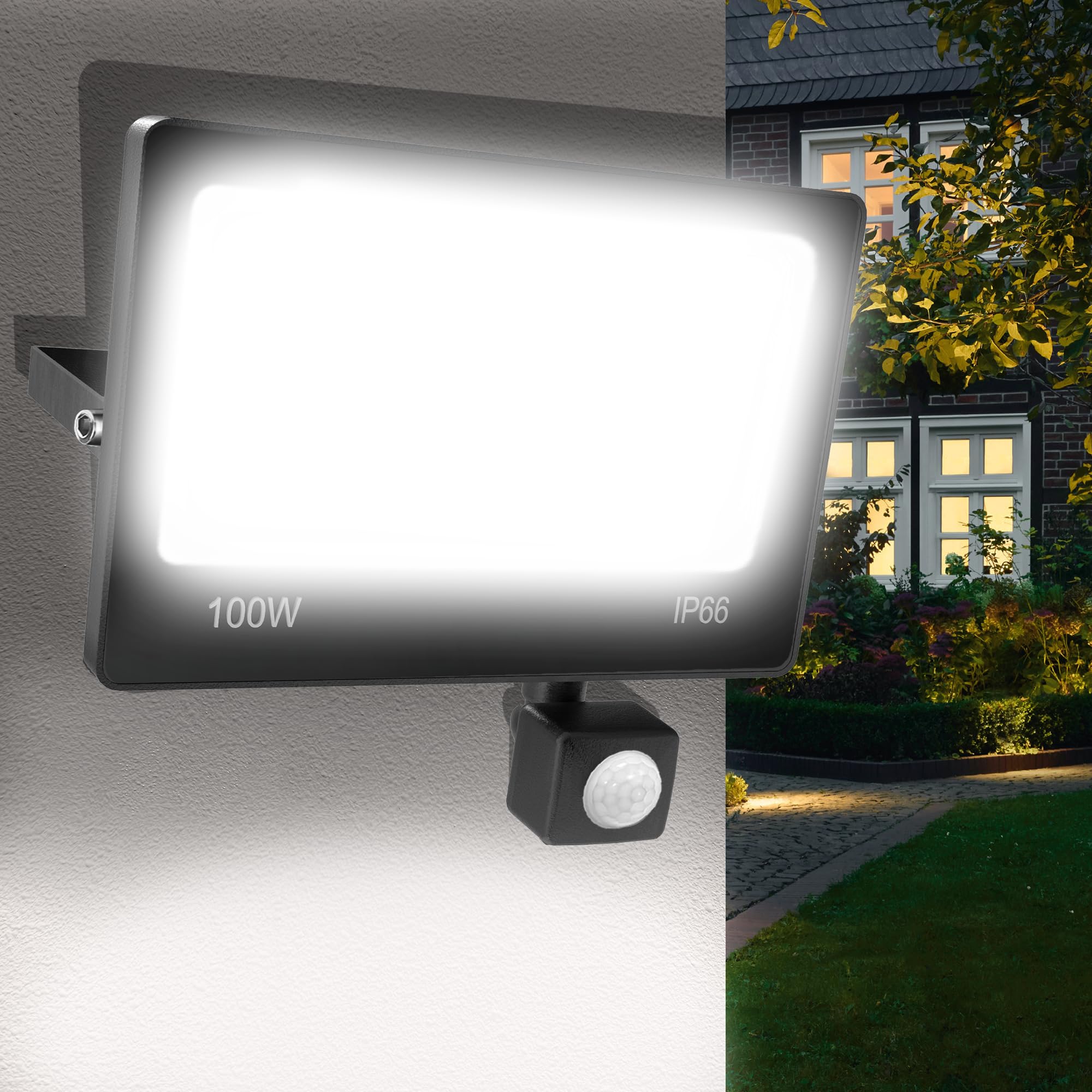 Projecteur Led Extérieur Detecteur de Mouvement, 100W 10000LM IP66 Etanche Éclairage Exterieur, 6500K Lampes de SéCurité D'ExtéRieur Avec dé Tecteur de Mouvement pour Garage, Cour, Jardin