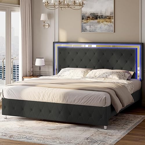 Miniatura 1 de Jocisland Base de cama matrimonial con cabecero y estribo de luces LED, tapizado de terciopelo, plataforma tamaño Queen, marco de cama no necesita