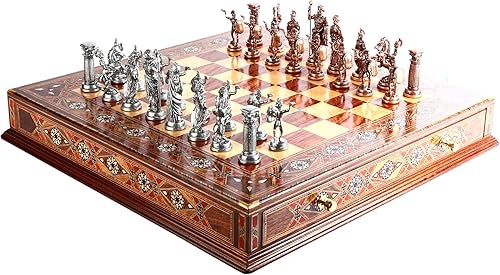 Juego de ajedrez de metal para adultos, figuras históricas antiguas de cobre Roma, piezas hechas a mano y tablero de ajedrez de madera maciza