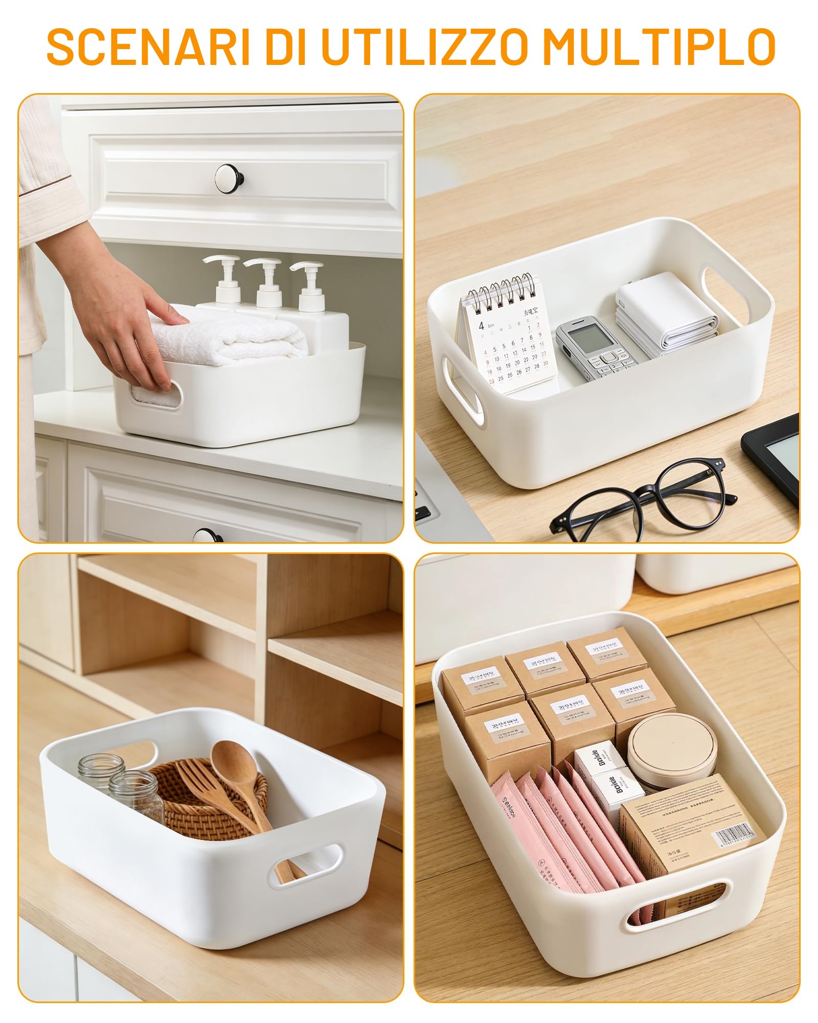 Scatole portaoggetti bianche 4 pezzi – Contenitori plastica & organizer box, contenitore plastica piccolo in plastica, scatole impilabili per cucina, armadio e bagno (20 × 14 × 7 cm)