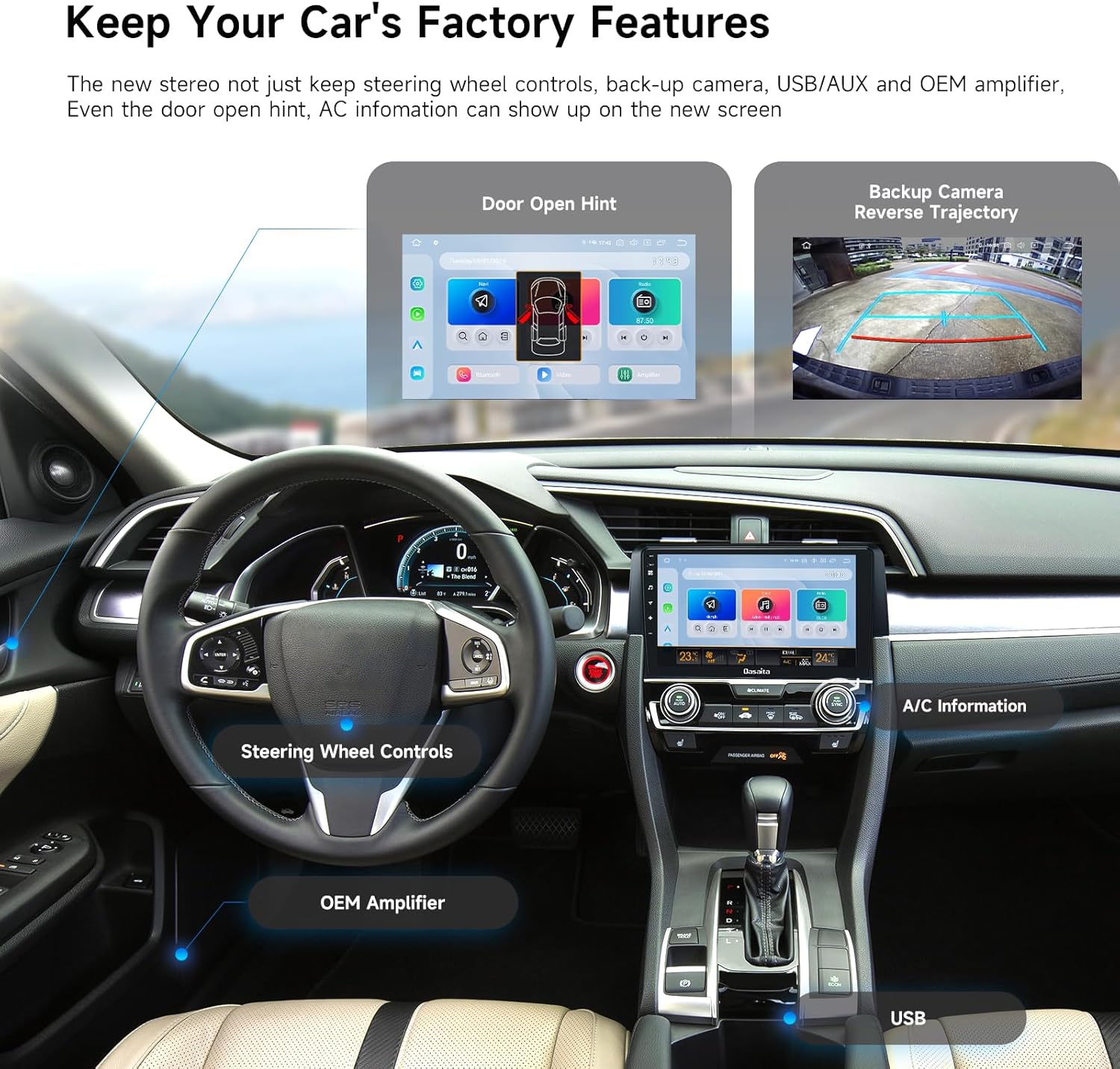 Dasaita Android 13 Car Stereo for Honda Civic 2015-2022 with Wireless Carplay & Android Auto, 9" Touch Screen Head Unit, Radio, GPS Navigation, 6G RAM 64G ROM, Bluetooth 5.0, 5G WiFi, 4G LTE, DTS