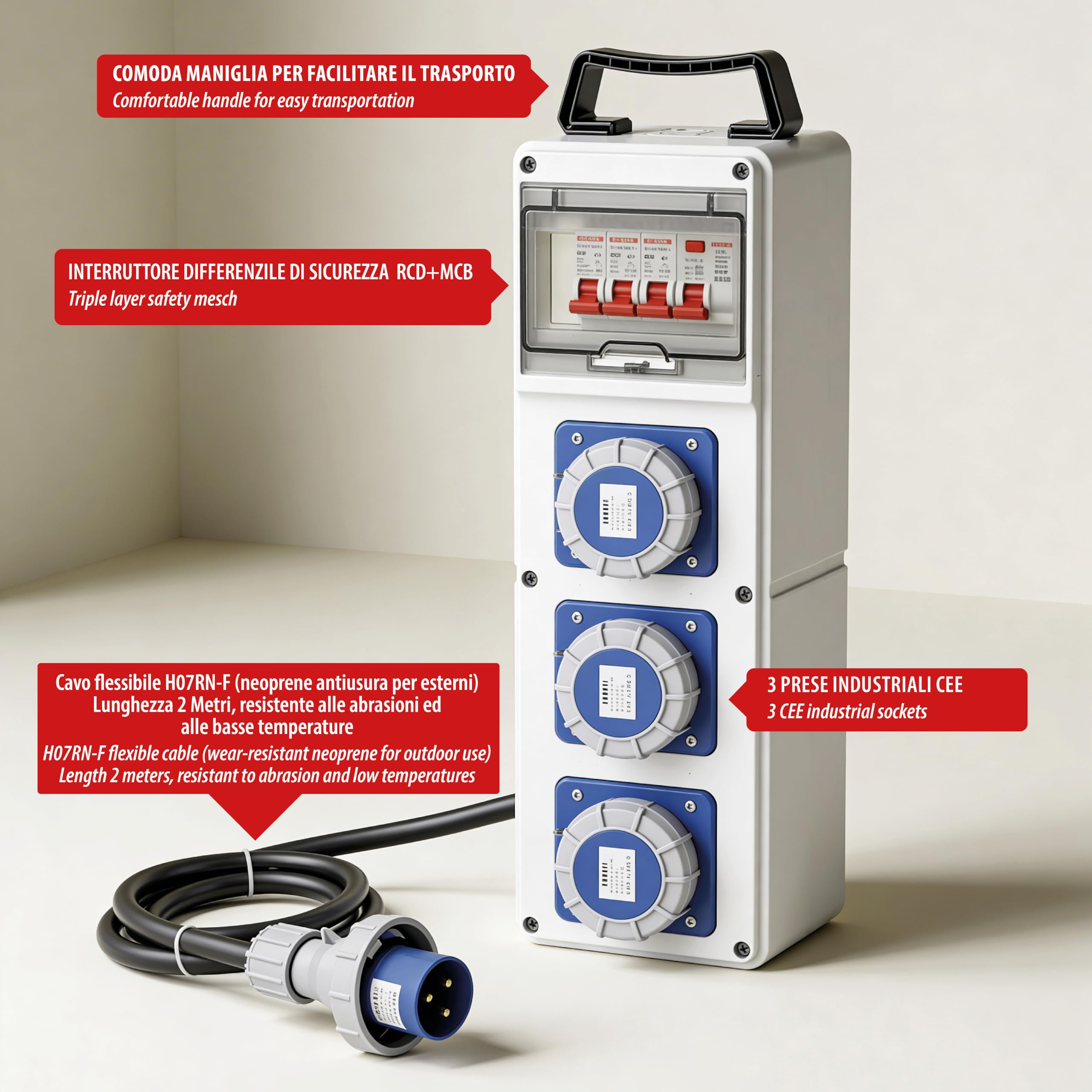 Quadro Elettrico di Distribuzione 3 Prese Industriali CEE, Spina CEE, Cavo 2M H07RN-F 3G2.5, Impermeabile IP65, interruttore differenziale 30ma + interruttore di sicurezza. Ideale per cantieri, camper