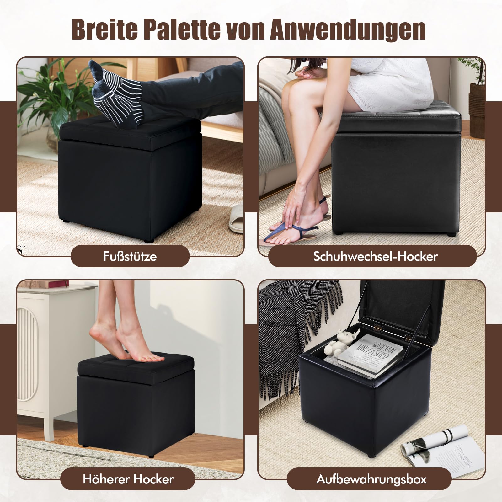 COSTWAY Sitzhocker mit Stauraum, Sitzwürfel aus PU, Sitzbox belastbar bis 300kg, Polsterhocker mit Deckel, gepolsterte Sitztruhe Fußhocker Aufbewahrungsbox, 40 x 40 x 40 cm (Schwarz)