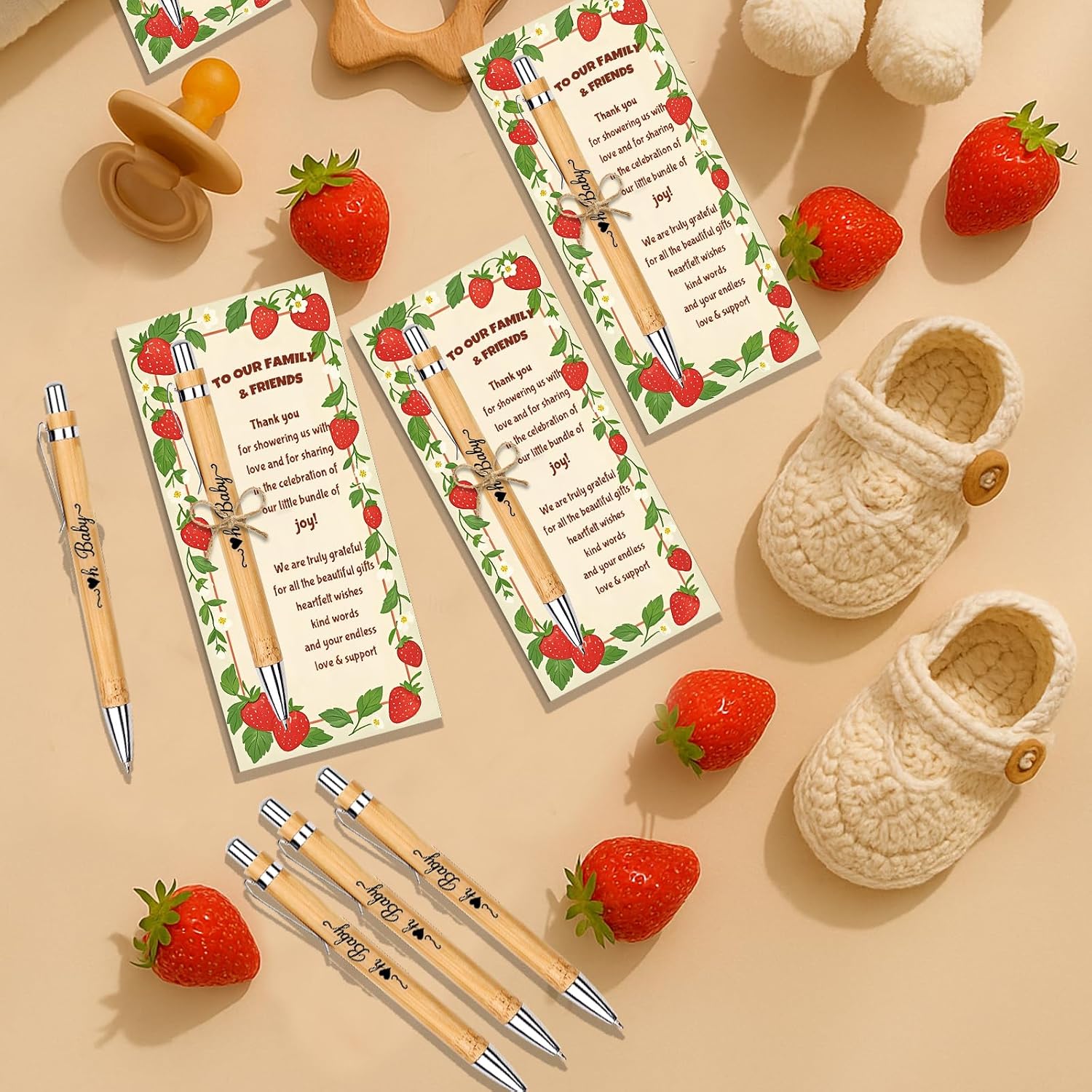 orbixa Baby Shower Favors for Guests – 30 Matching “Oh Baby” Pens with Thank You Cards & Twine – Strawberry Theme Party Supplies image 5