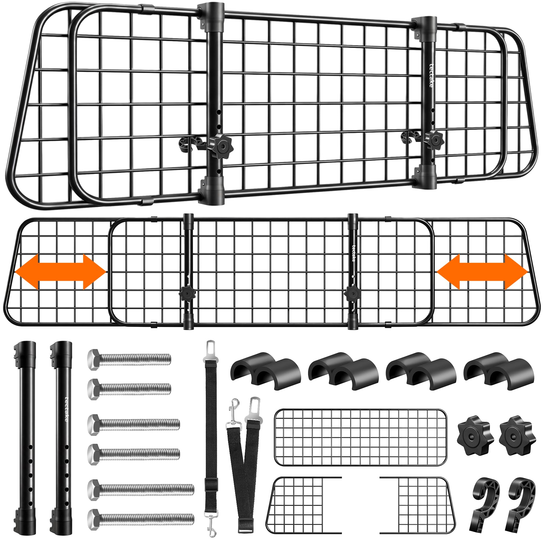 tectake® Barriere de securite Universelle pour Transport Chien Voiture Grille de Protection Voiture portable, Largeur réglable 91,5 à 154 cm, 2 ceintures incluses, Cloture Chien Accessoires pour Chien