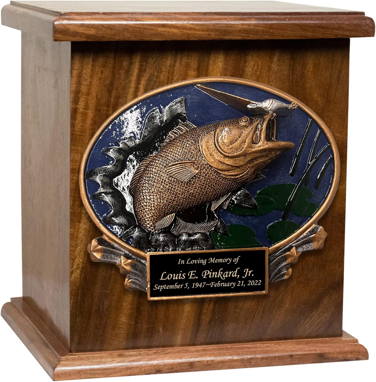 Bass Fish Wooden Cremation Urn, Large Size Memorial Urn with Custom Engraving