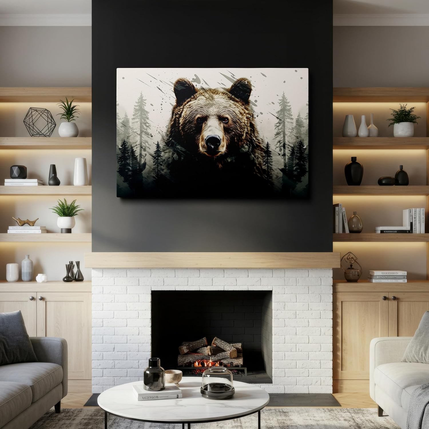 Majestic Bear With Penetrating Gaze Amid Dynamic Serenity Large, Decor, Office, Bedroom, Living Room. Size: 130x87 cm (51x34 inch) Canvas Wall Art - Nature Home Decor - 69x46 cm (27x18 inch)
