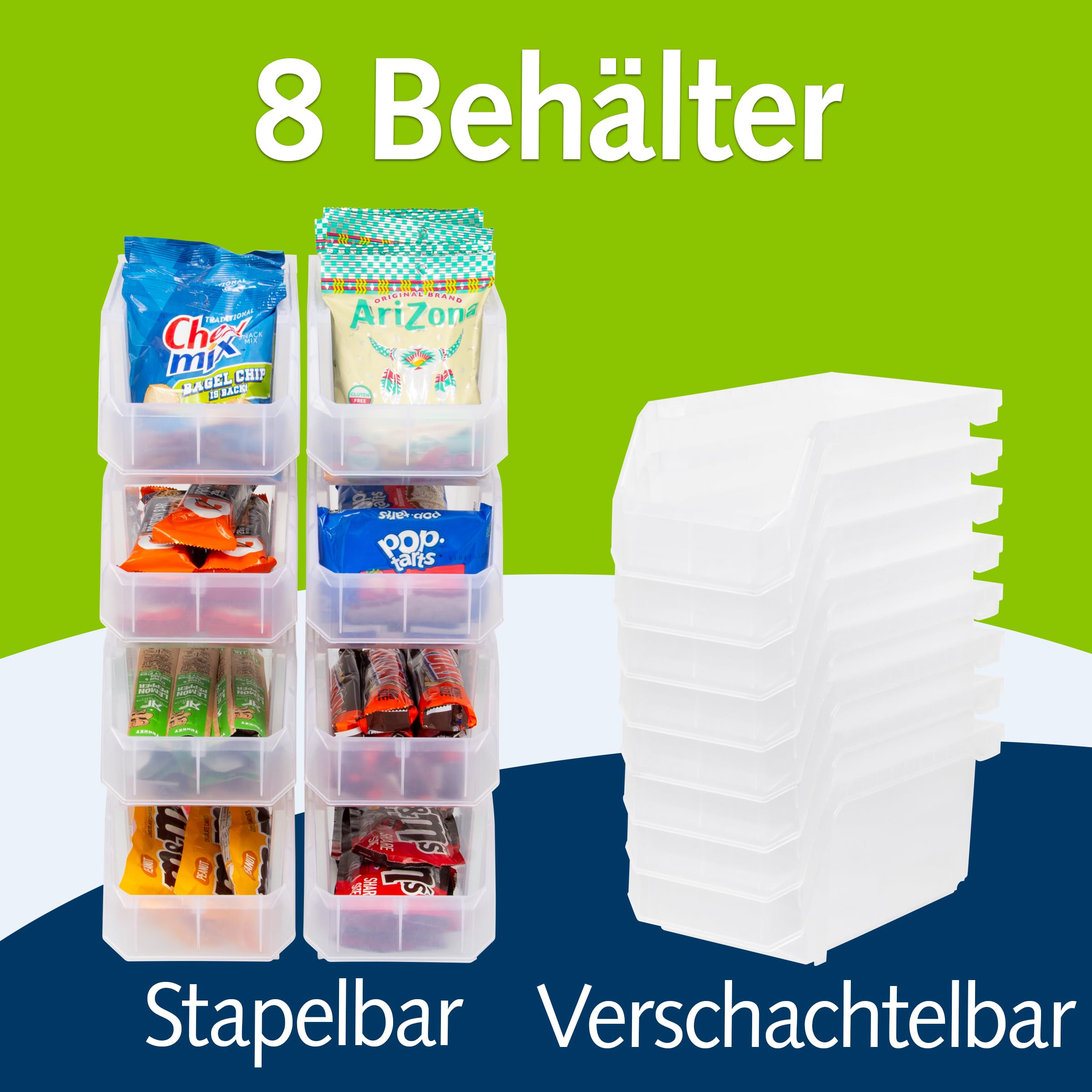 ReadySpace Kunststoffbehälter zum Organisieren und Aufbewahren von Behältern für Schrank, Küche, Büro, Spielzeug oder Speisekammer, Medium, 8 Stück, transparent