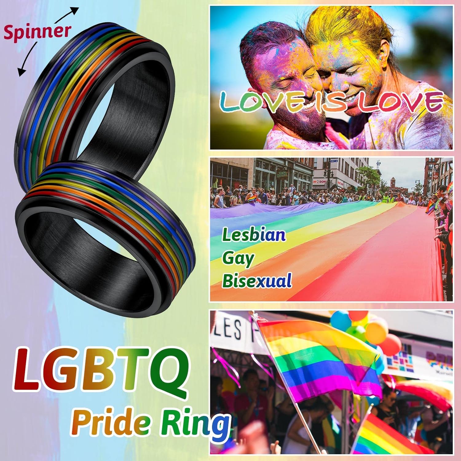 FaithHeart LGBT Pride Rainbow Fidget Rings, Stainless Steel/18K Gold Plated Love is Love Jewelry for Men Women Personalized Customize - Image 5