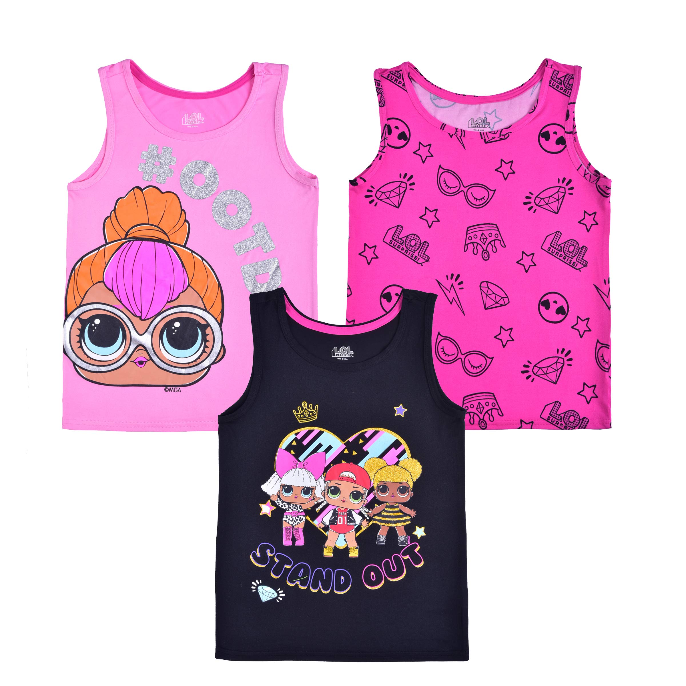 L.O.L. Surprise!MGA Girl's 3-Pack LOL Graphic Tank Tops - Black and Pink Sleeveless Shirts, Size 10