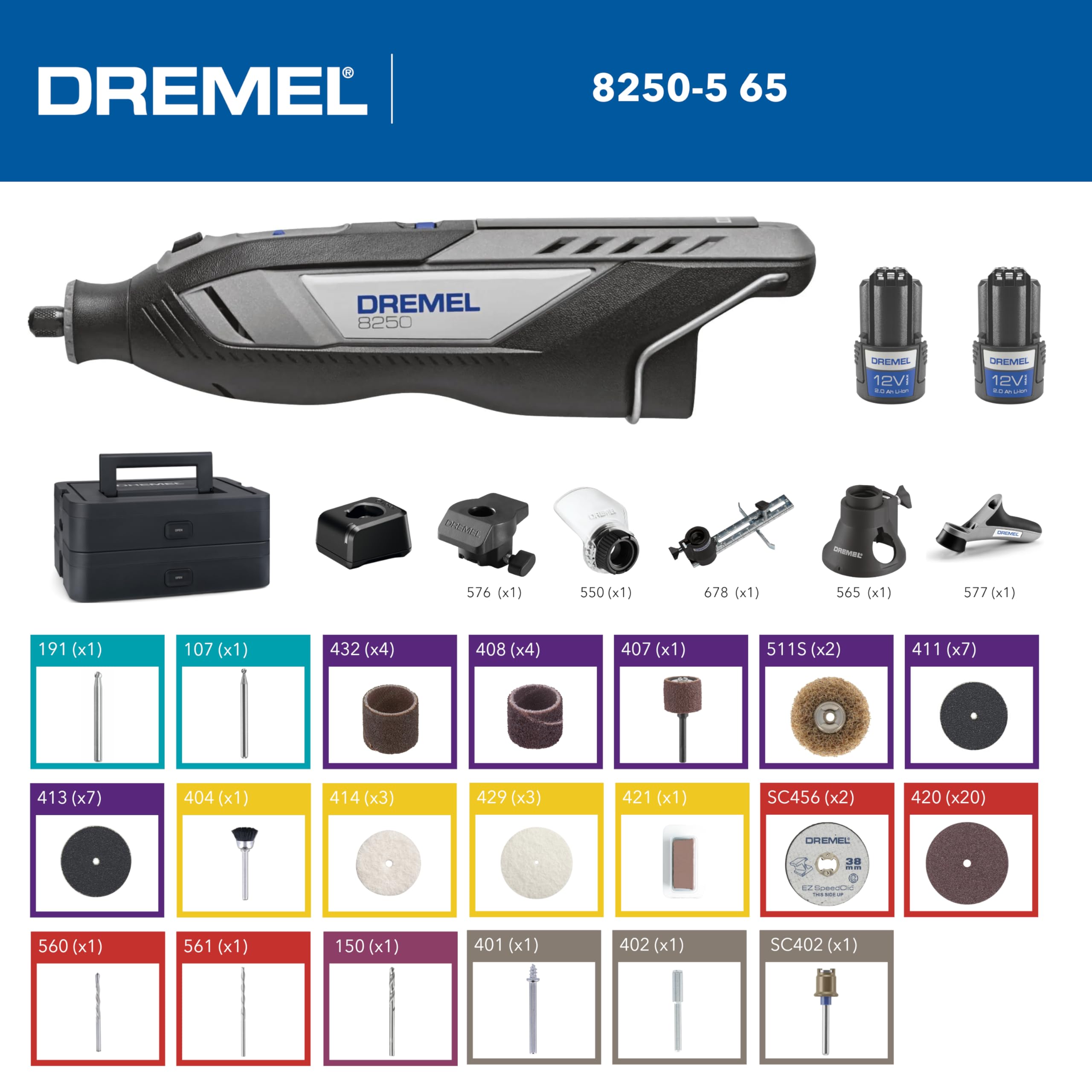 Dremel 8250 Multifunzione Rotativo Senza Fili 12V Brushless 5.000-30.000 giri/min con Dremel Box, 65 Accessori, 5 Accessori Aggiuntivi, 2 Batterie+Caricabatterie per Smerigliatura, Foratura, Fresatura