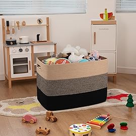 OIAHOMY 108L Super Large Blanket Basket, 25x16x16 Rectangle Woven Baskets for Storage, Cotton Rope Basket For Living Room, Toy Storage with Handle- Yellow and Black