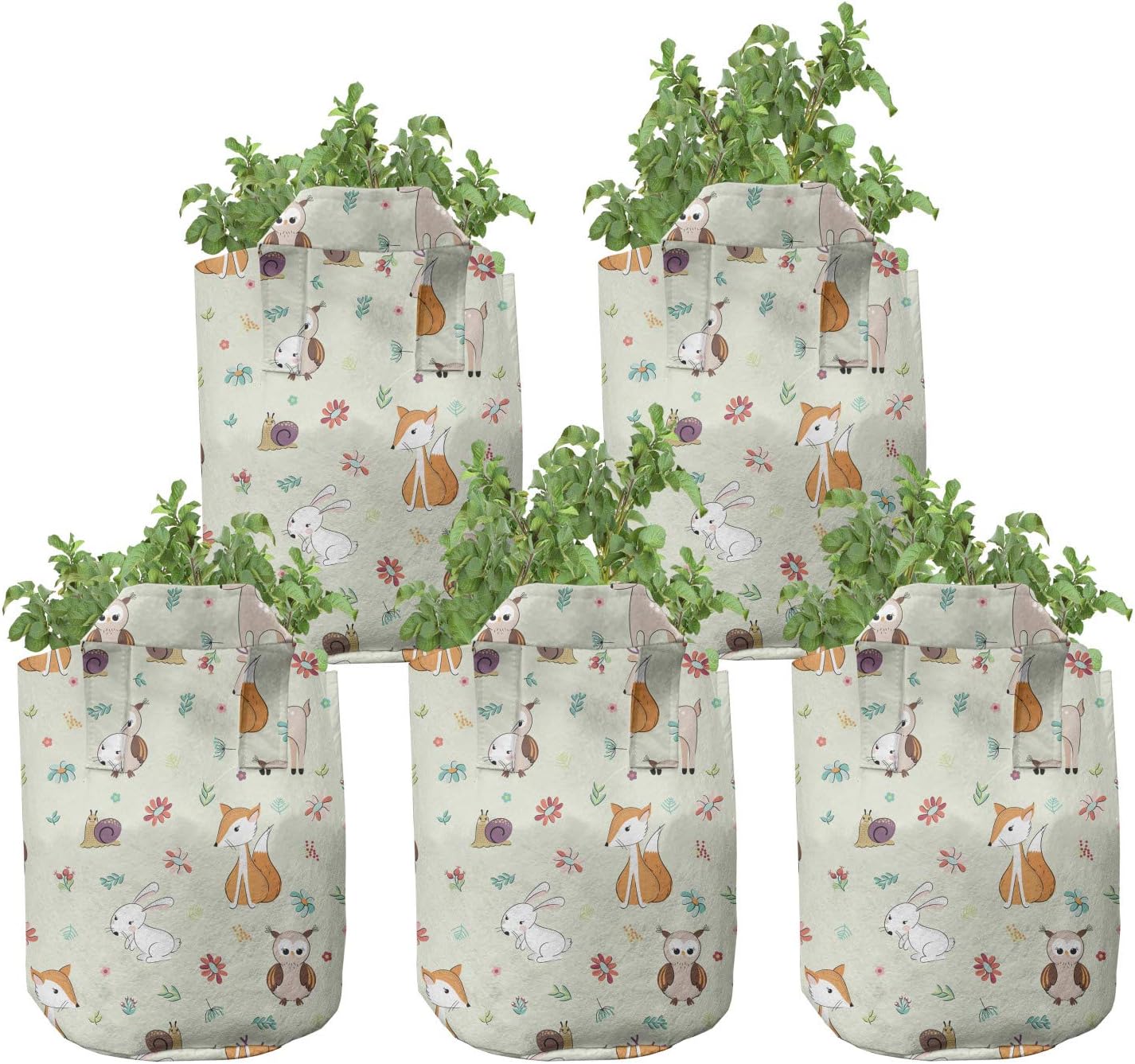 Ambesonne Animal Grow Bags 5-Pack, Childish Woodland Concept, Heavyduty Fabric Pots with Handles for Plants, 5 Gallon, Multicolor