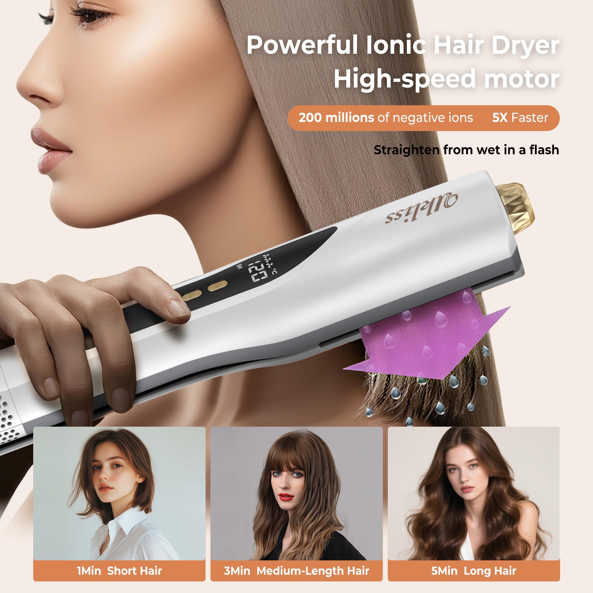 UKLISS Sèche-Cheveux Lisseur 3 en 1, Pro Lisseur à Air Ionique 200 m/min-Plasma Coiffage Mouillé à Sec, pour réduire la casse et apporter plus de brillance, Convient à tous les types de cheveux