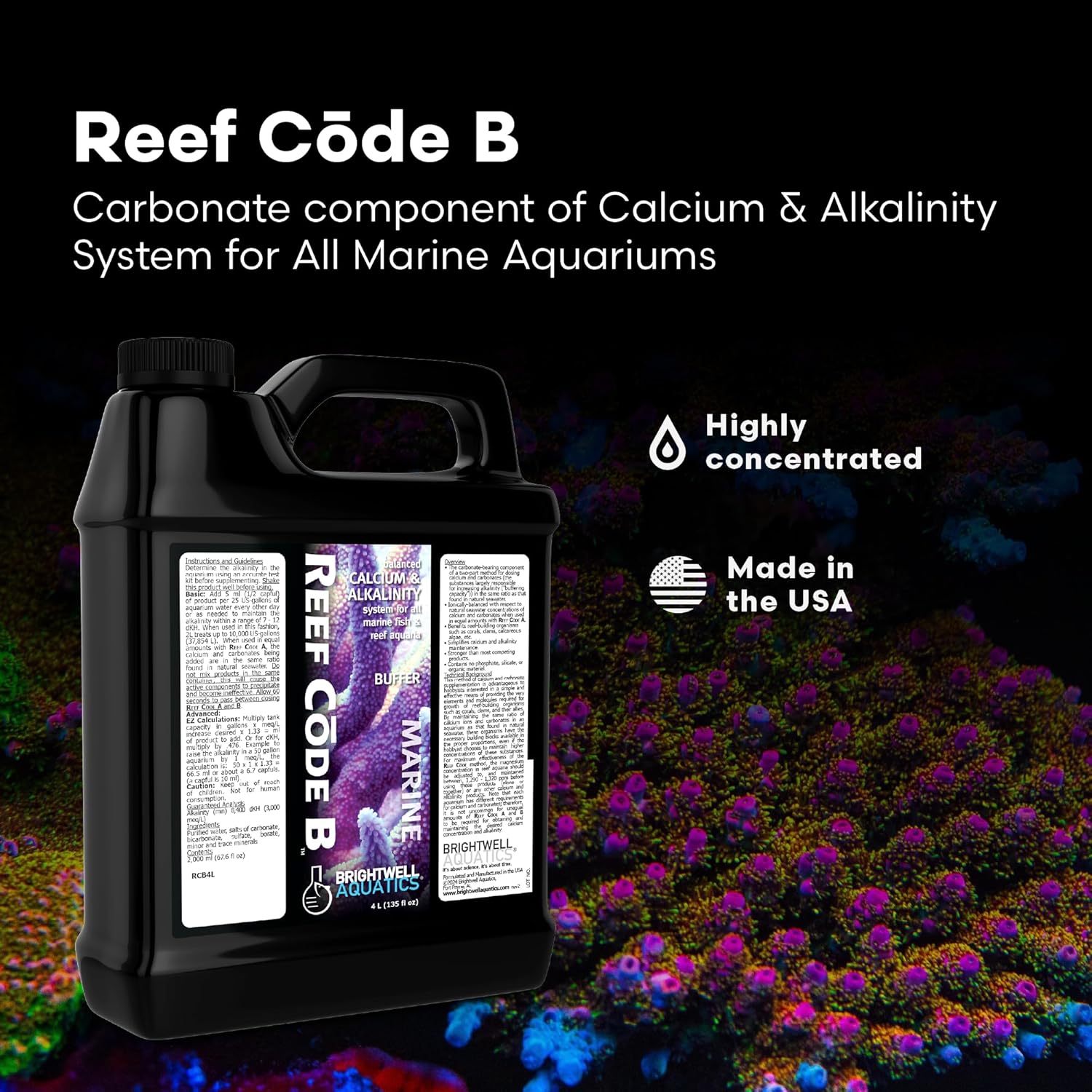 Brightwell Aquatics - Reef Code B - Balanced Calcium & Alkalinity System Water Conditioner - for All Saltwater Marine Fish & Reef Fish Tanks - Aquarium Water Treatments, 135.2 fl oz