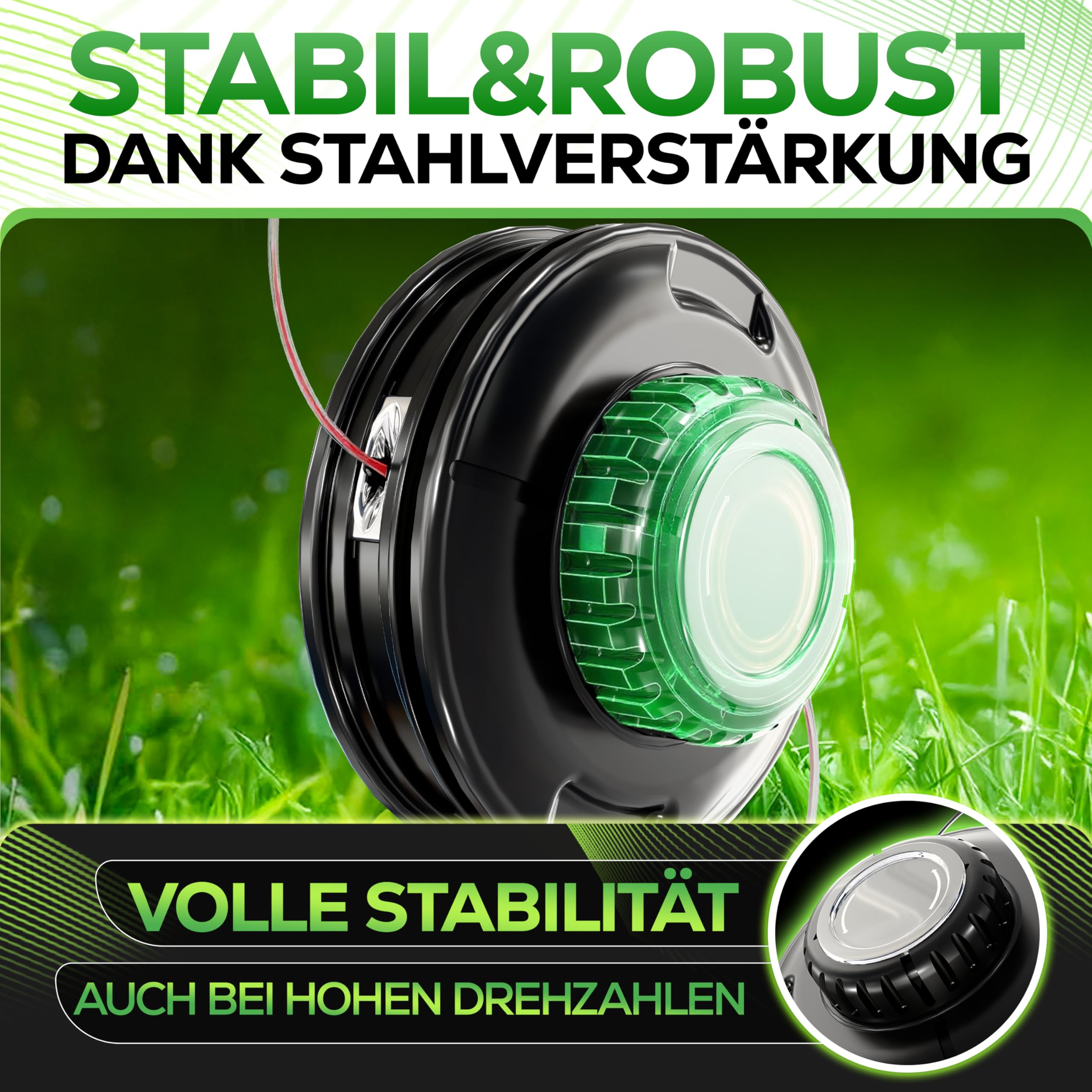 Heckenpracht® Fadenkopf für Motorsense mit Stahlknauf Linksgewinde | Trimmerkopf mit Tap & Go Funktion | Effizientes Rasenmähen mit Mähkopf für Freischneider - Fadenspule inkl. 5 Gewindeadapter