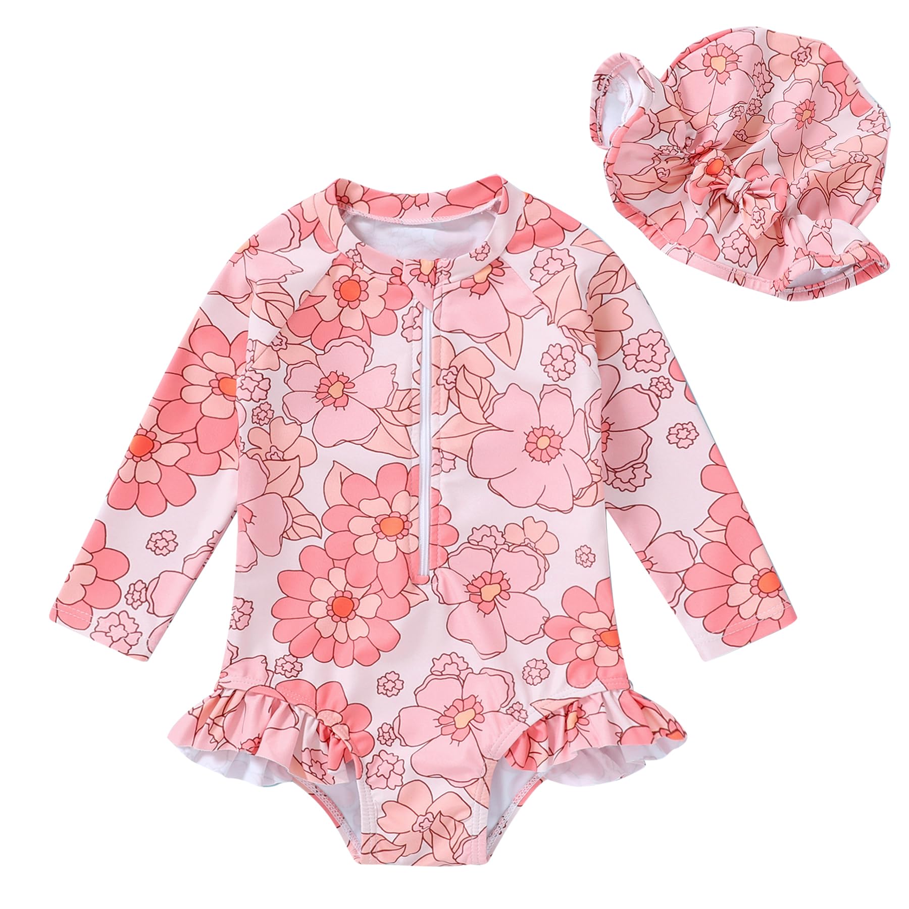 Infant Baby Girl Swimsuit One-Piece Long Sleeve Rash Guard with Hat Set Floral Zipper Bathing Suit Leopard Beach Wear
