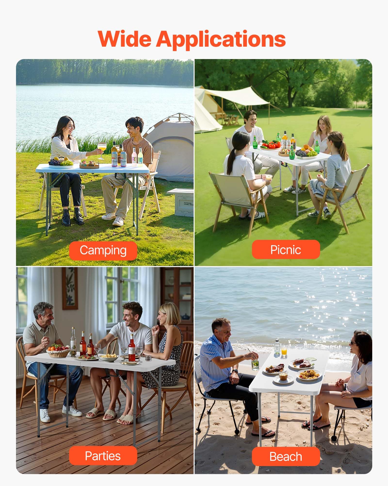 VEVOR Tavolo Pieghevole a Metà, Tavolo in Plastica Resistente Portatile e Rettangolare da 1220x600 mm, con Altezza Regolabile e Maniglia Integrata, per Feste, Cene, Picnic, Campeggio, Bianco
