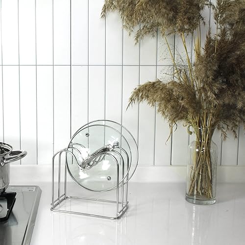 Miniatura 5 de LENITH Soporte para tabla de cortar de alambre de acero inoxidable, organizador de tabla de cortar para cocina con 2 seccionales