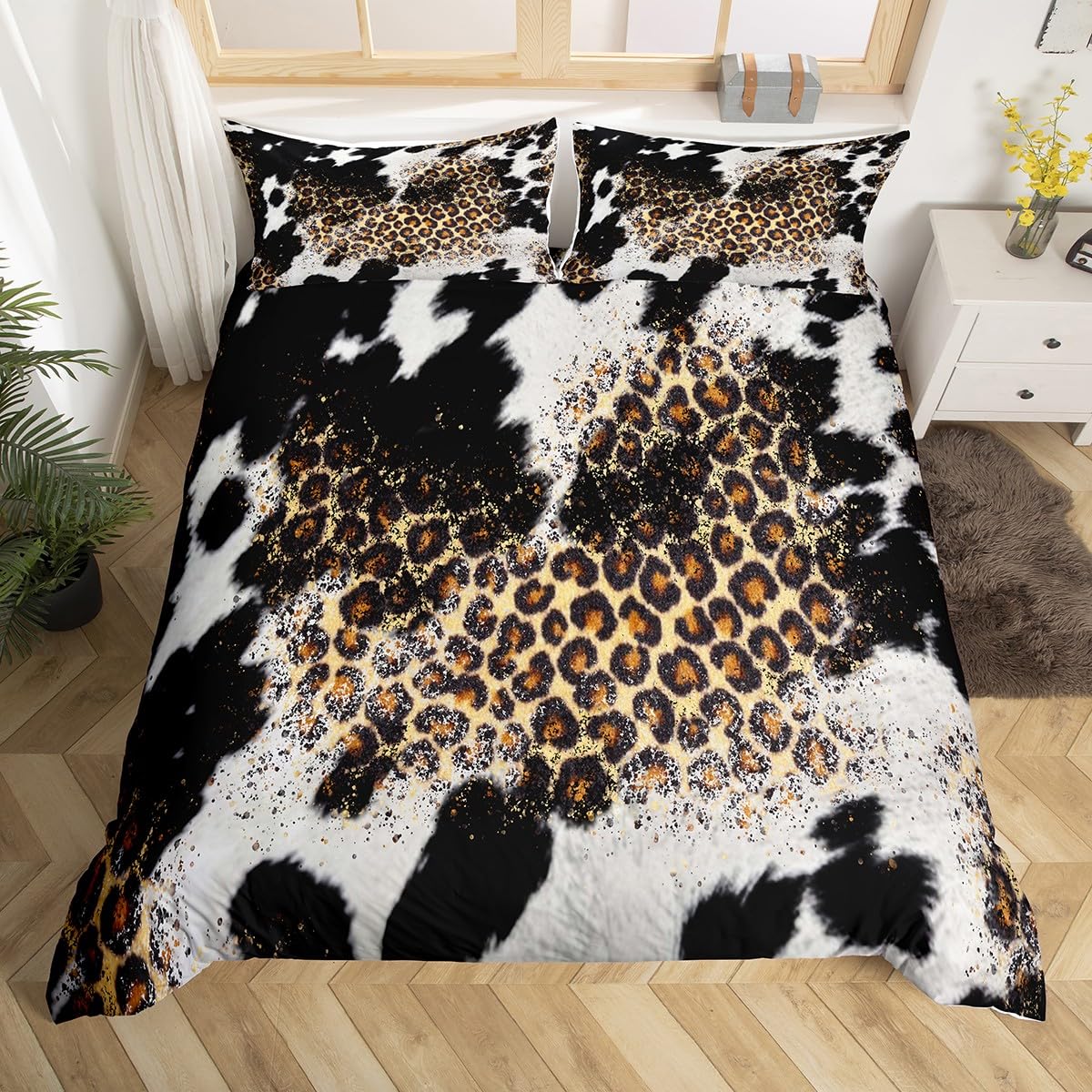 Cow Fur Duvet Cover Set Leopard Bedding Set for Boys Girls Farmhouse Animal Skin Comforter Cover Cattle Fur Black Brown Beige Soft Breathable Quilt Cover Junior/Cot Bed Size — image 1
