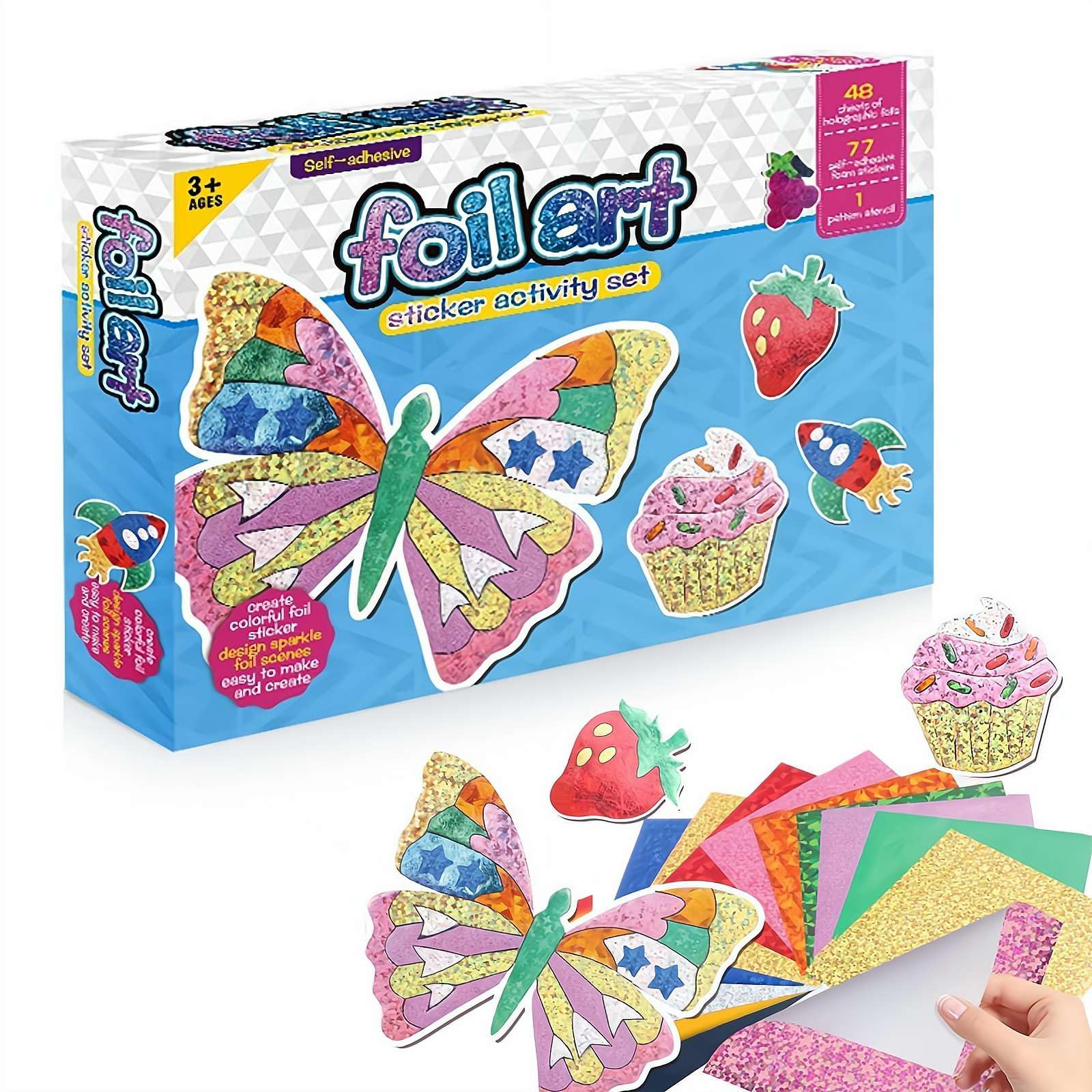 Foil Art Craft Kits for Kids, No Mess DIY Creative Activity Sets for Girls and Boys Age 4-12, Magic Transfer Art with 77 Stickers, Travel Toys for Children
