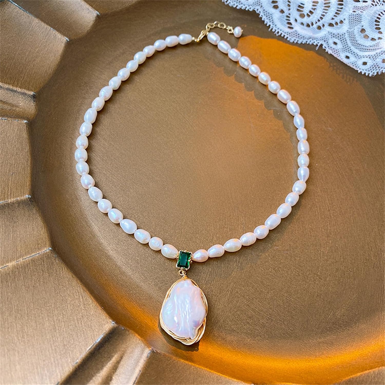 Natural Baroque Freshwater Pearl Dangle Necklace for Women, Wire Wrap Gold Pearl Stud Earrings Jewelry with Green Gemstone, Best Gift for Mom Lover Her (14K Gold Plated) - Image 8