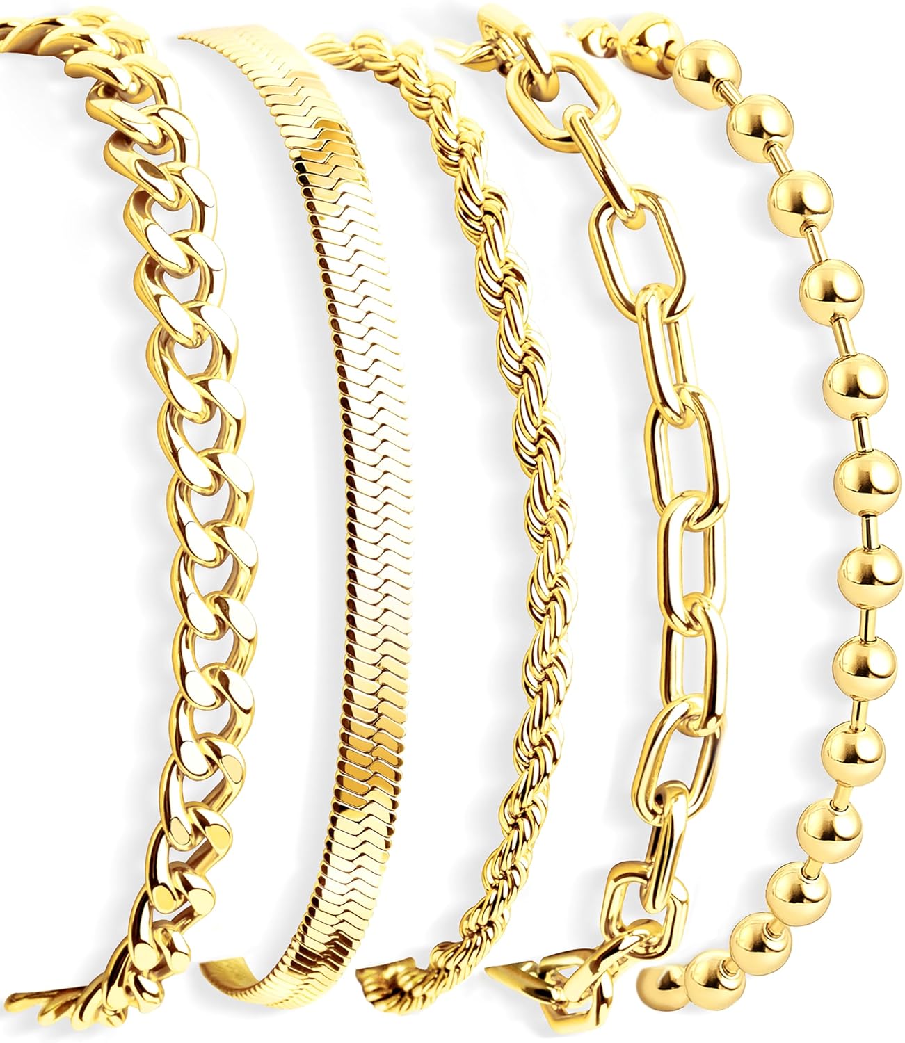 Gold Bracelets for Women Non Tainish, Dainty Thick Bracelets Stack for Women Trendy, Chunky Gold Plated Cuff Stackable Bracelets With Beaded Cuban Paperclip Snake Rope Bangle Hand Chain Jewelry Gifts for Women