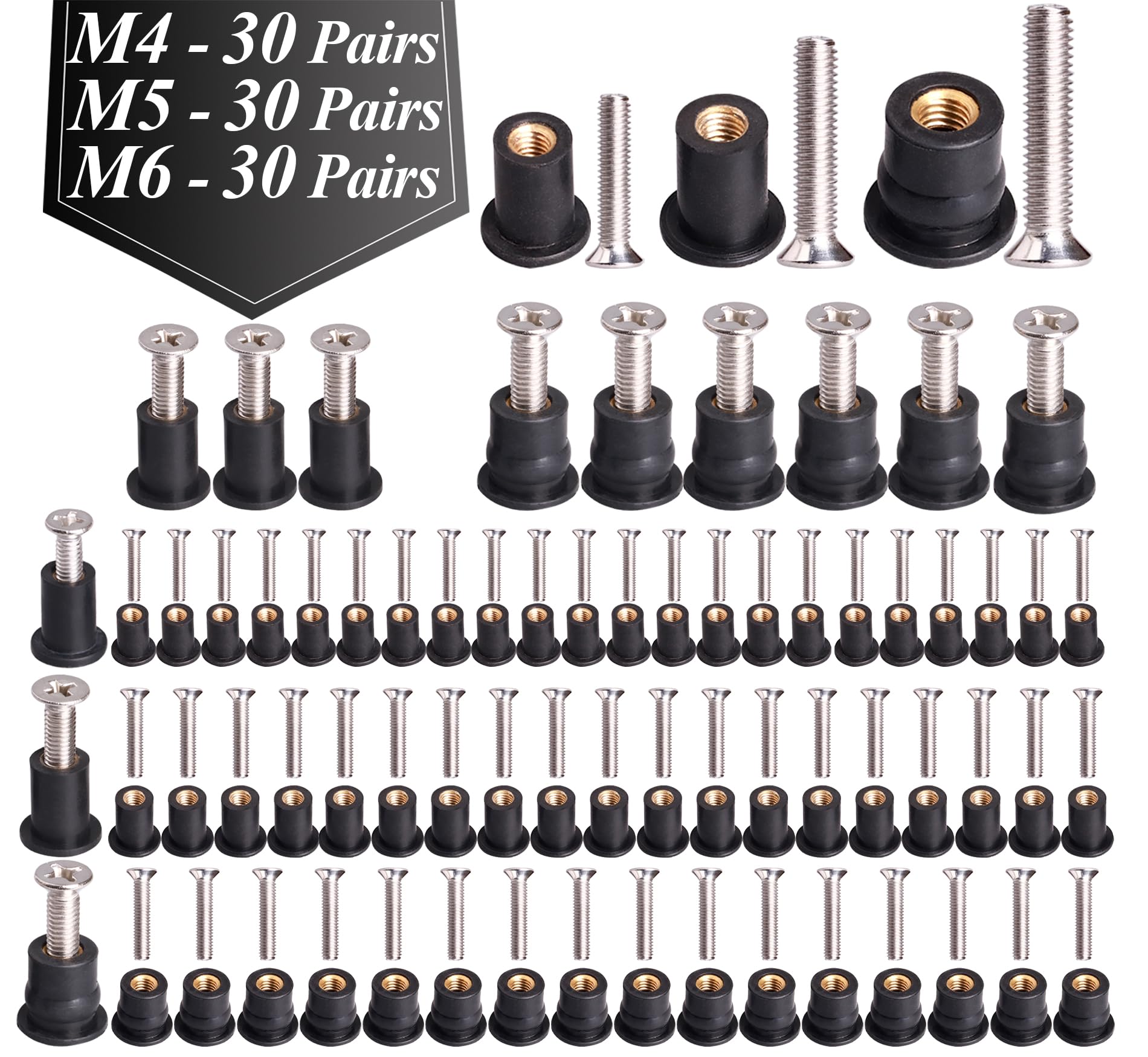 WEDAMER 90 Pairs M4 M5 M6 Neoprene Well Nuts with Stainless Steel Screw M5 Rubber Well Nuts Kayak Brass Copper Bolts Well Nut Kit for Kayak Motorcycle