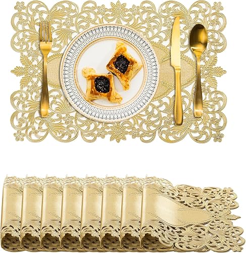 Miniatura 42 de BACKTOEDEN Juego de 6 manteles individuales redondos de color dorado claro, lavables, limpiables, resistentes al calor, manteles individuales de