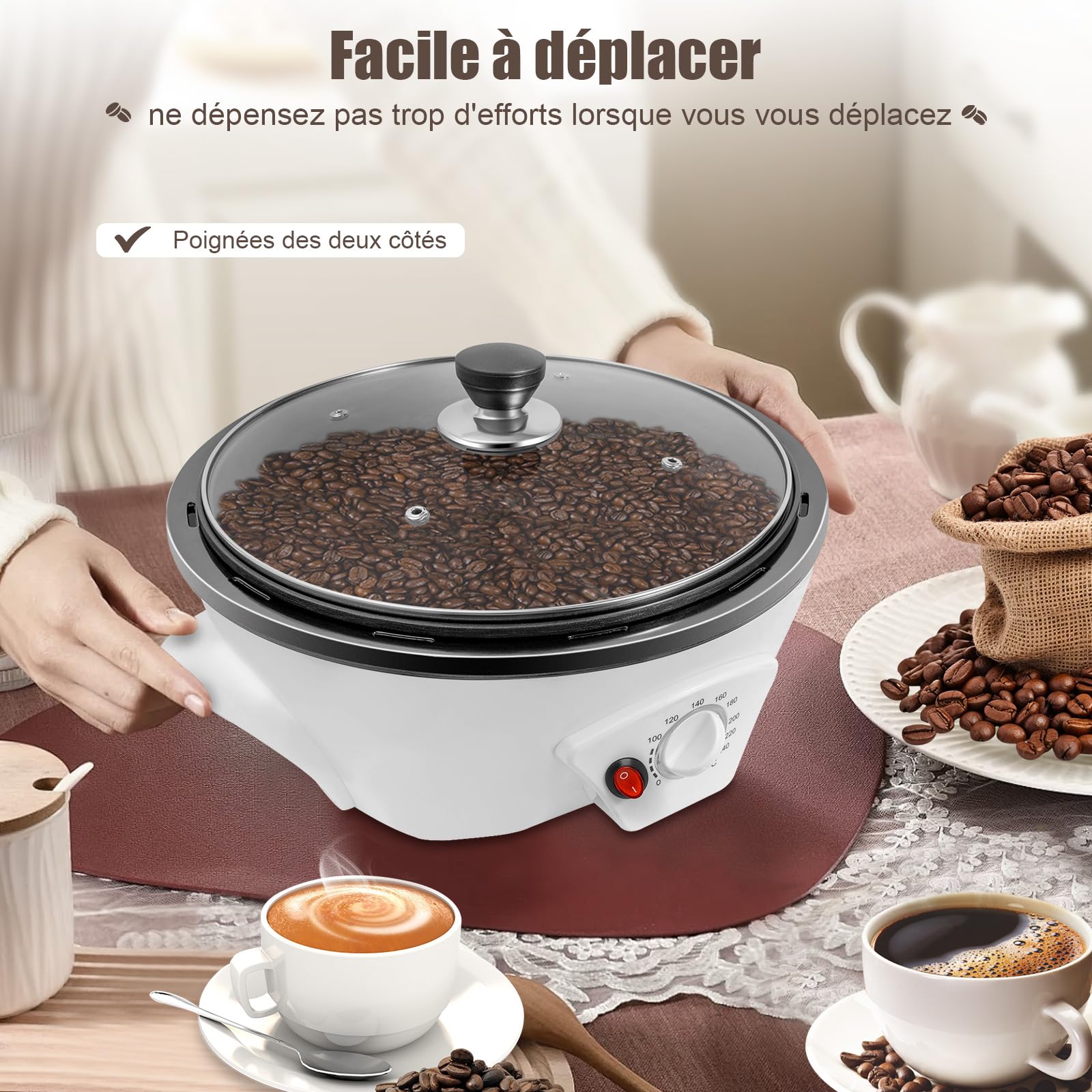Torréfacteur à café domestique, électrique, 1200 W, torréfacteur à grains, réglable de 0 à 240 °C, avec minuterie, pour grains de café, noix, pop-corn