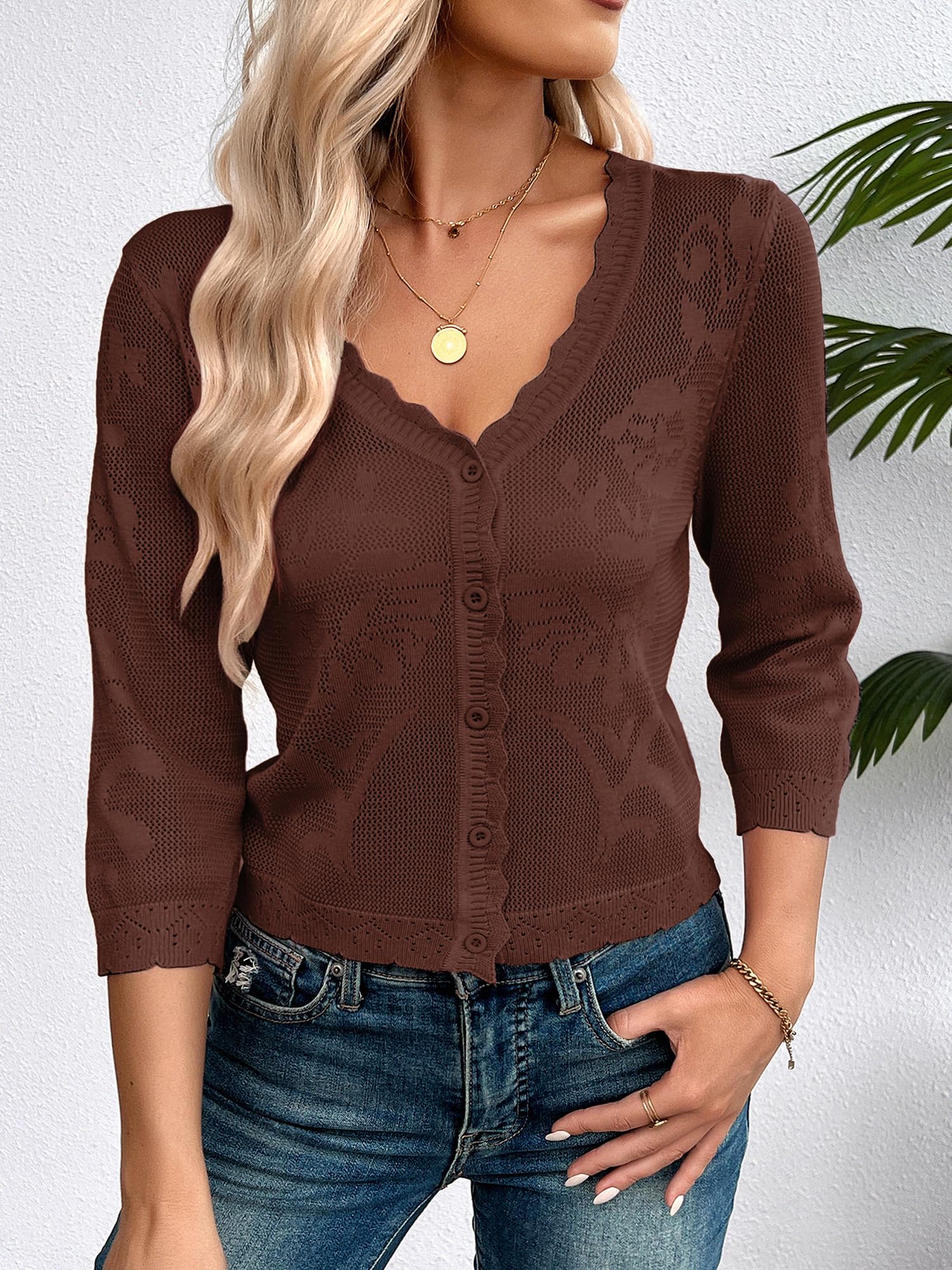 Kate Kasin Cardigan corto da donna 2025 alla moda leggero con maniche a 3/4 abbottonatura all'uncinetto coprispalle top Pistacchio strutturato