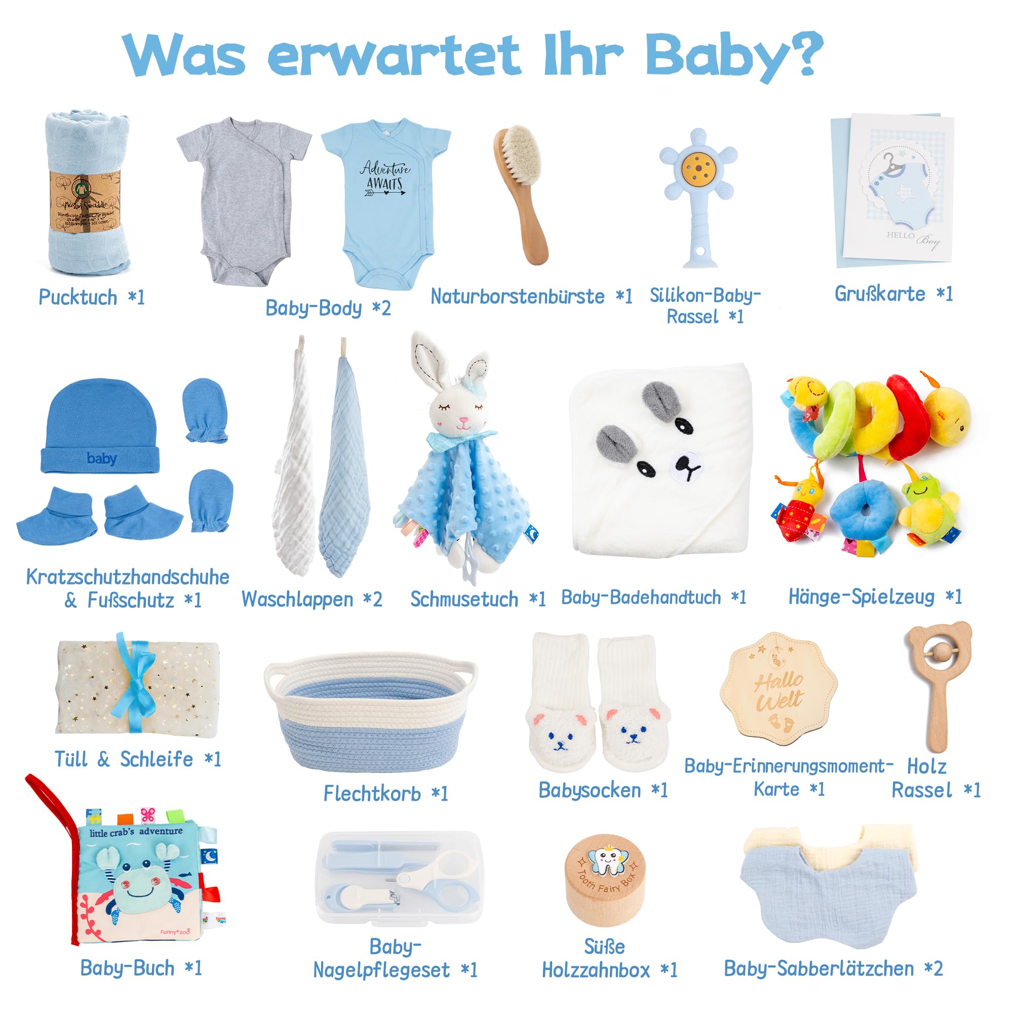 Neugeborenen Geschenk 24-teiliges，Baby zubehör, Strampler, Schnuffeltuch, Rassel & Karte，Geschenk zur Geburt für Babys (Blau)