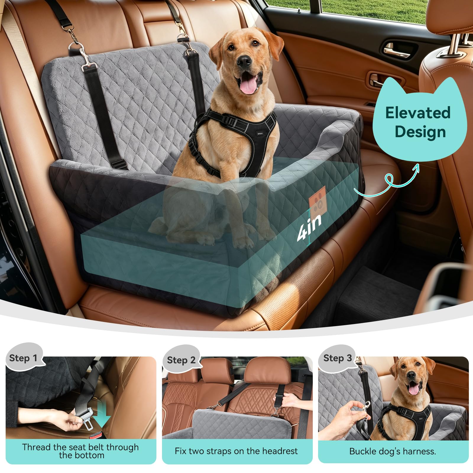 GL GLENSLAVE Hundesitz für Auto für große und mittlere Hunde bis 25 kg – Aus weichem Stoff, Autohundbett mit Memory-Schaum Füllung, abnehmbar & waschbar, inkl. 2 Sicherheitsleinen (schwarz/grau)