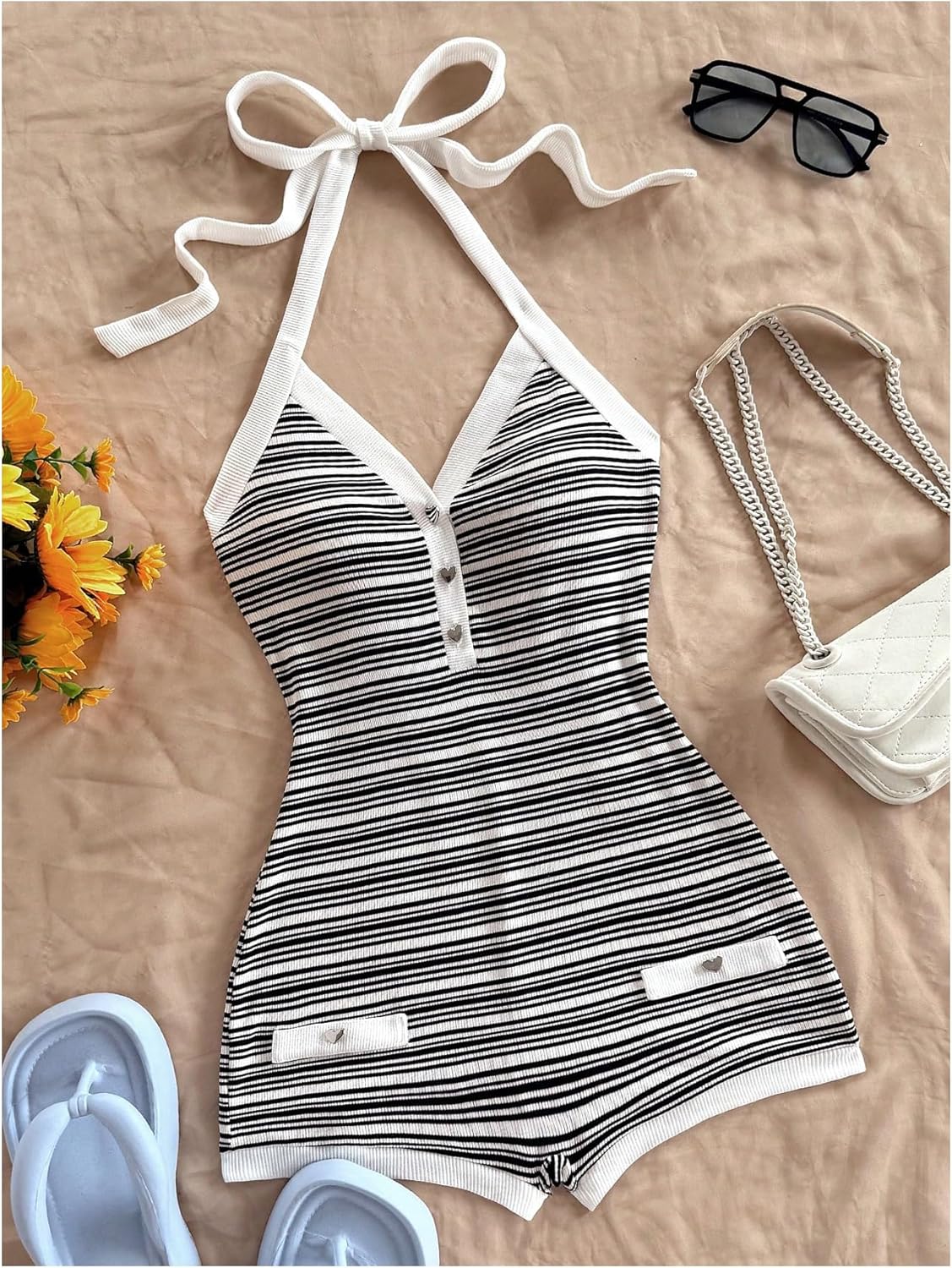 Verdusa Women's Striped Halter Romper Casual Summer Sexy Romper Short Date Night Outfits - Image 5