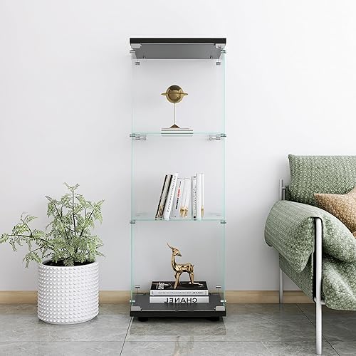 Yoluckea Gabinete de cristal, 3 estantes de cristal con puerta, colección Curio, vitrina de cristal para oficina en casa, estantería de pie, armario