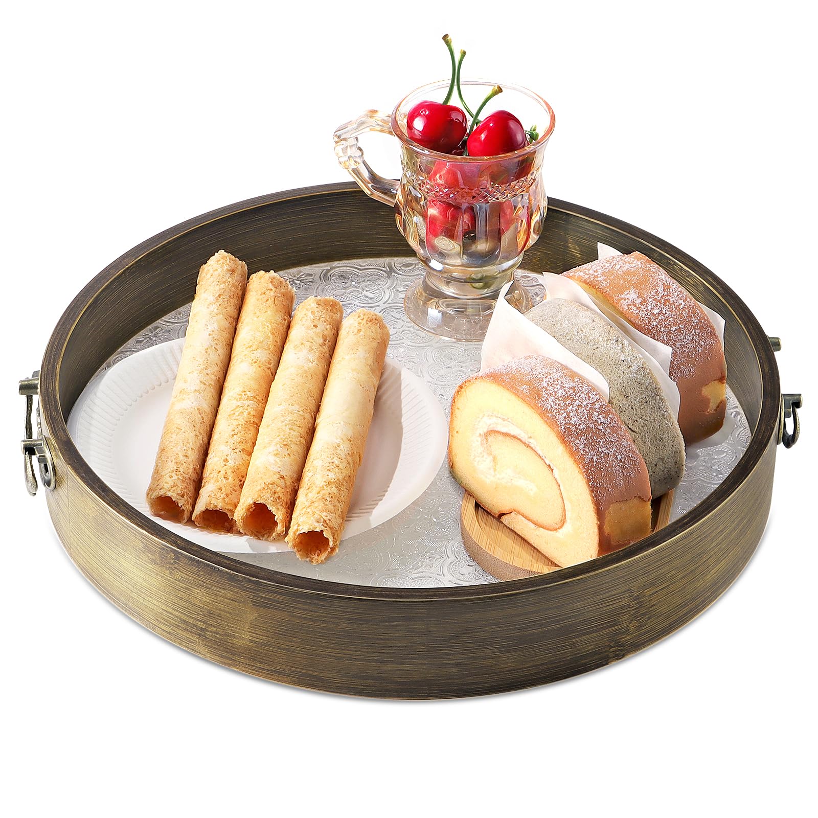 Round Bamboo Serving Tray with Acrylic Base – 11.81" Circular Decorative Tray with Crabapple Flower Carving & Classic Handles Ideal for Food, Snacks,