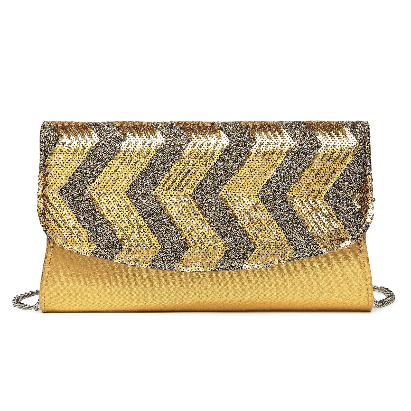 Miss Lulu Women's Clutches Evening Bag Clutch Bags for Women Handbag with Shining Sequins with Detachable Silver Chain for Party Prom Bridal Wedding (Gold)