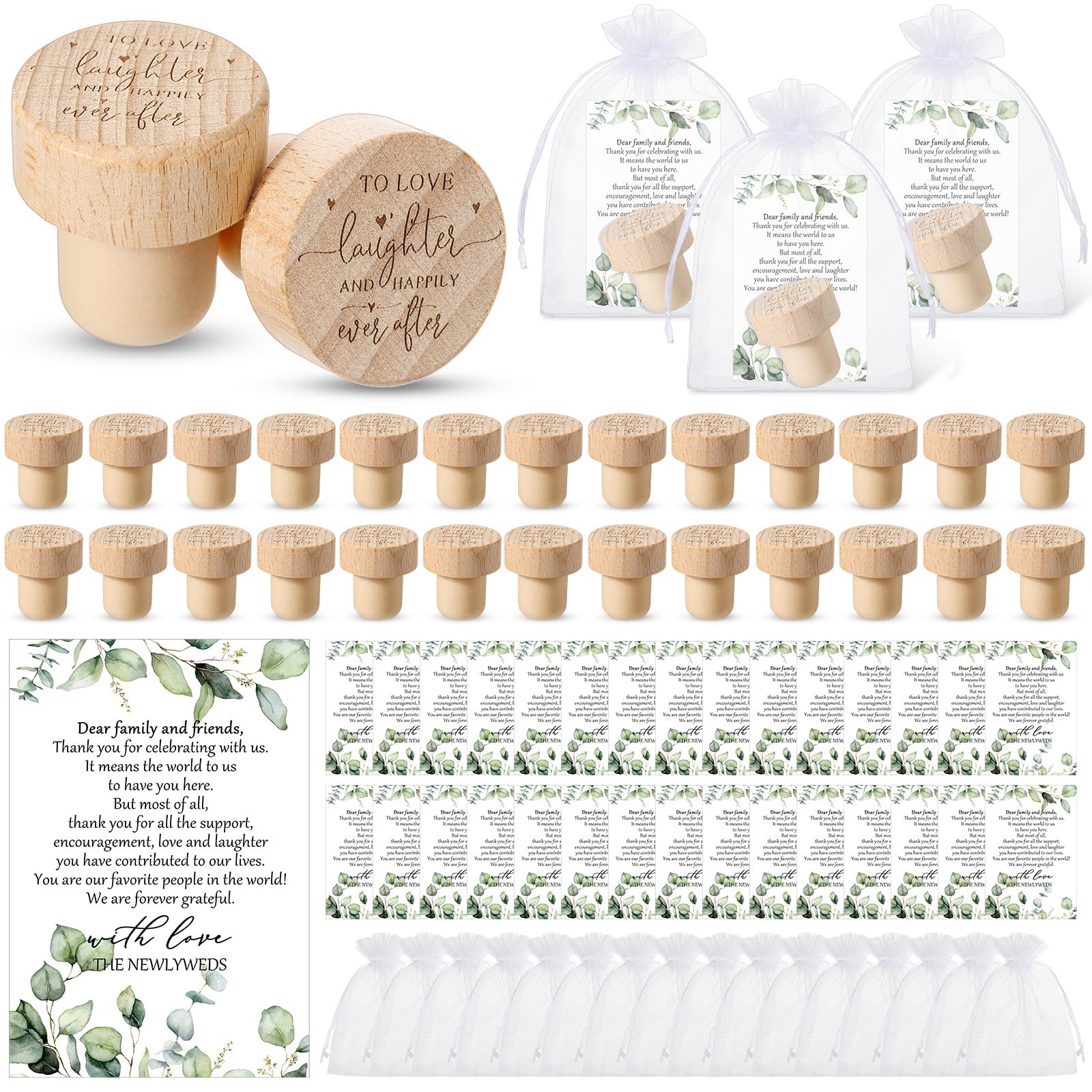 Barydat 50 Sets Wedding Favors for Guests Bulk Engraved Wood Wine Bottle Corks Wine Stopper with Wedding Thank You Cards and Organza Bags Wedding Appreciation Gifts for Guest Thank You Gifts (Novelty)