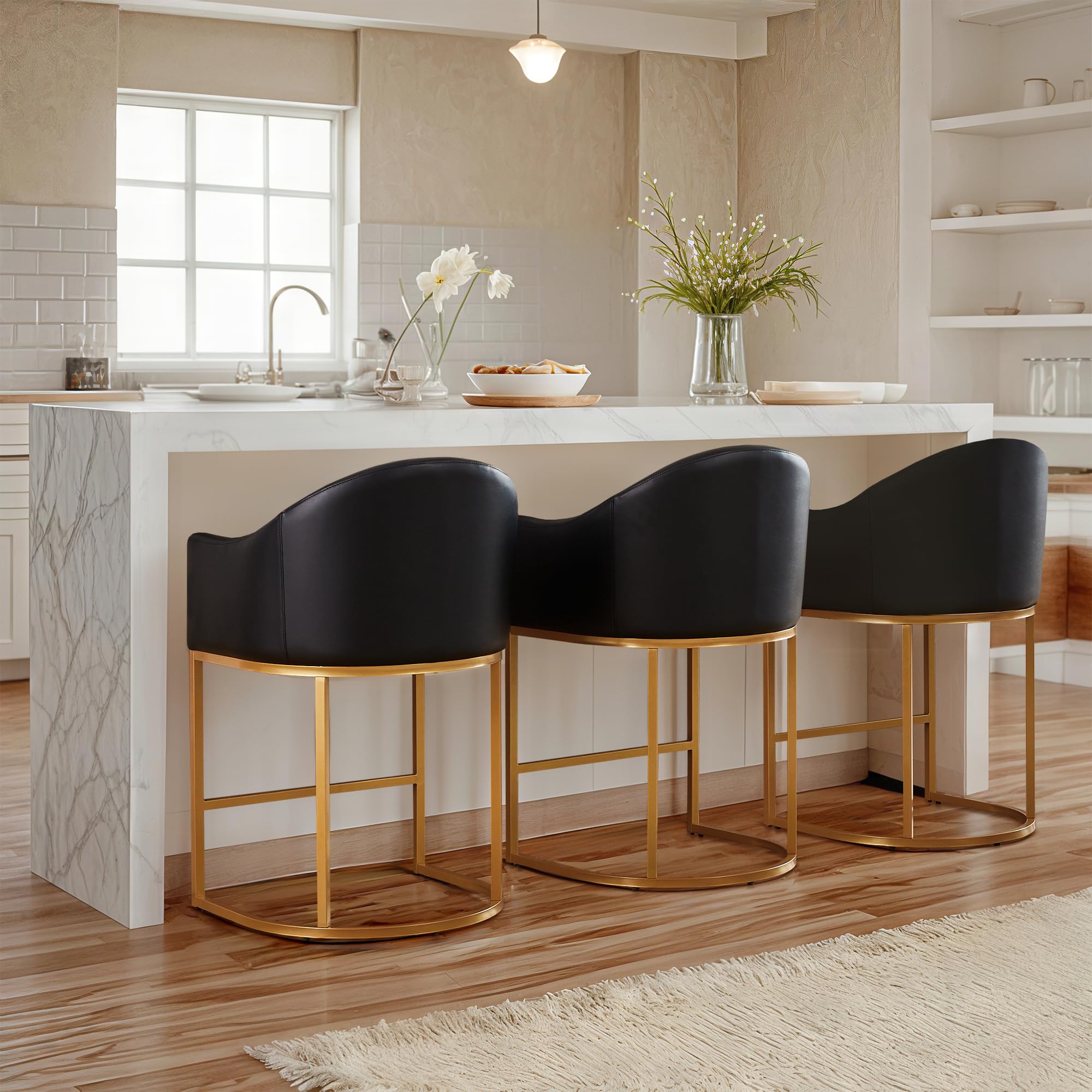 26" Modern Counter Height Bar Stools with Backs,Kitchen Island Chairs Set of 3,Faux Leather Upholstered Barrel Bar Stools and Curved Arms,Metal Gold Frames,Black Leather