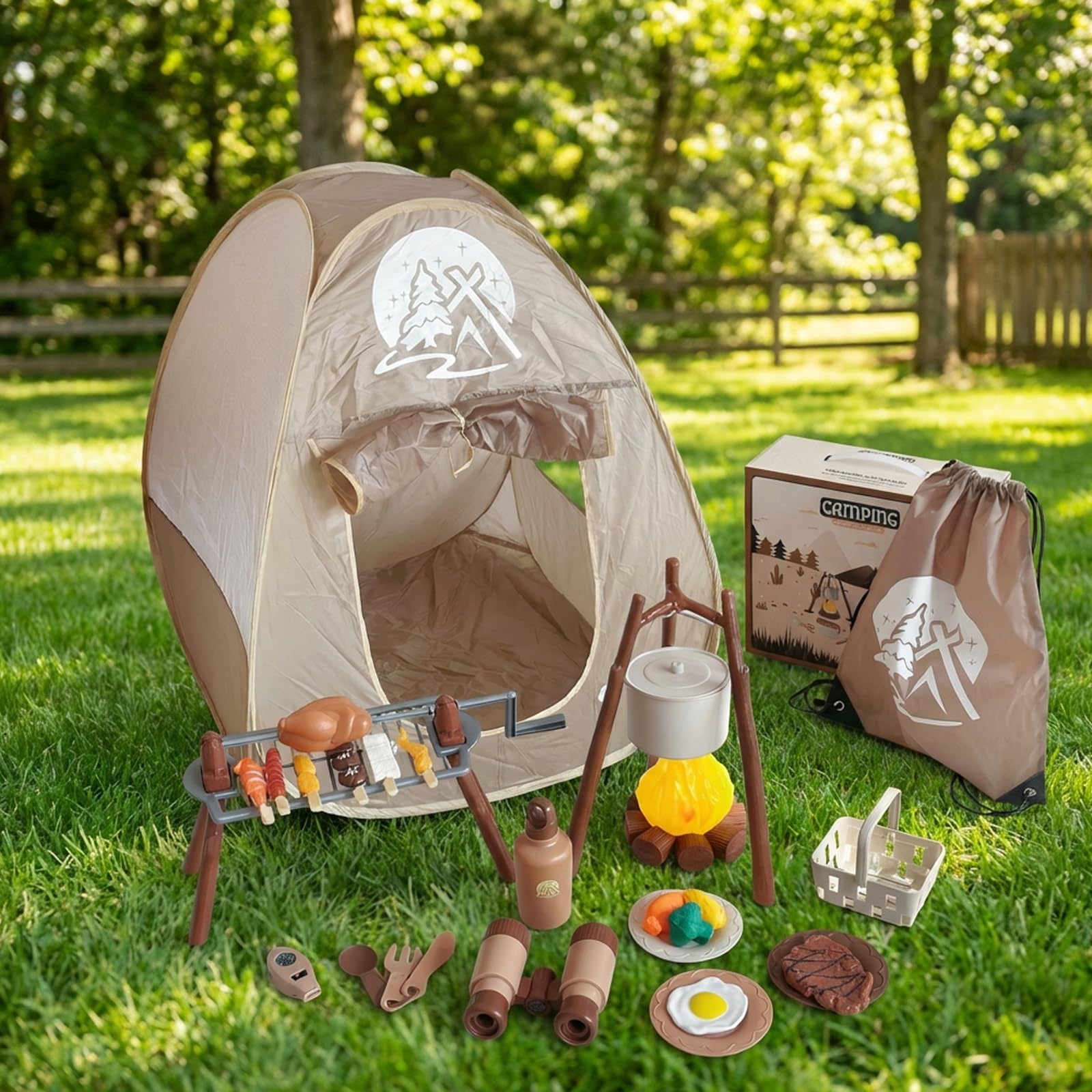 Juego de camping para niños con tienda de campaña, barbacoa giratoria y fogata iluminada, 34 piezas de juguetes para juegos de rol imaginativos, juguetes para niños de interior y exterior a partir de