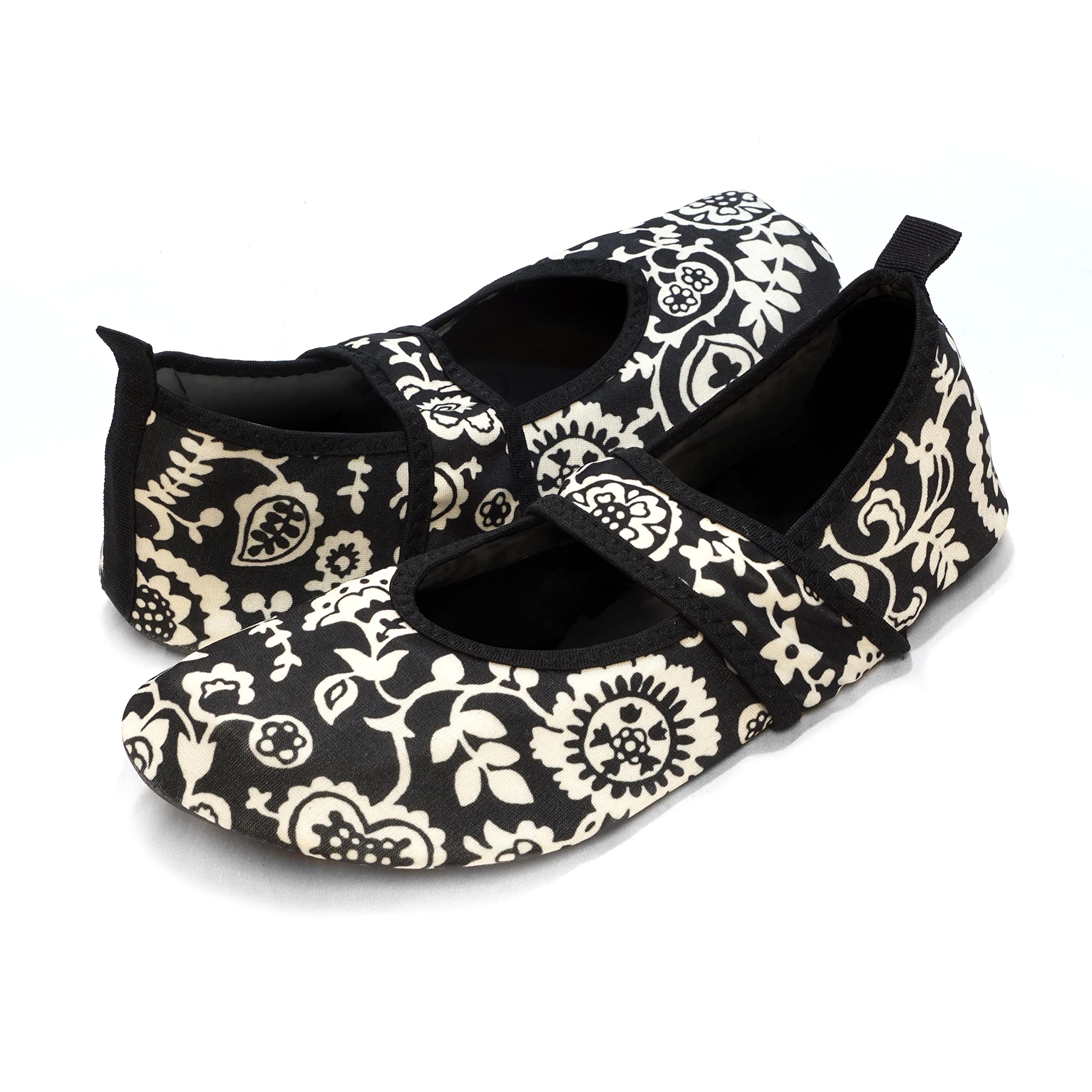 nufoot Women's Futsoles Soft-Sided Shoes for Indoors/Outdoors, Foldable & Flexible Footwear for Sport, Exercise, Yoga or Travel, Dance Shoes, Black Flowers, Large-picture-22