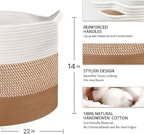 Miniatura 2 de Cesta grande de cuerda de algodón, cesta de almacenamiento de manta de 23.6 x 23.6 x 14.1 pulgadas para almohadas en la sala de estar, cesta tejida