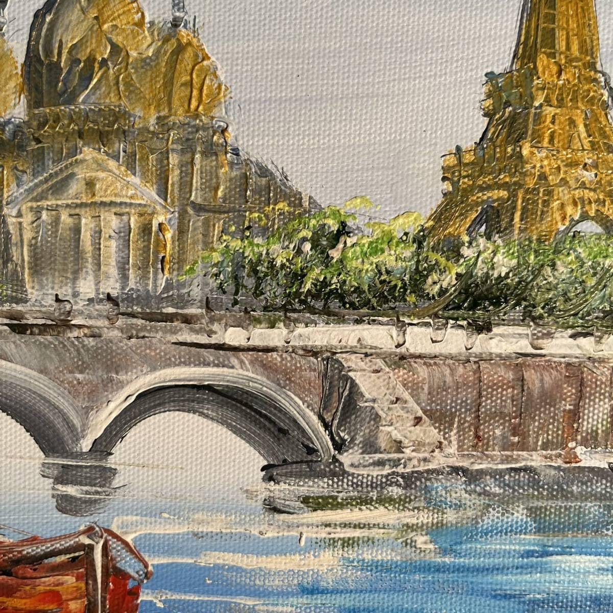 手書き油絵 パリの風景 エッフェル塔 額付 肉筆絵画 インテリア 油彩画 手書き油絵 パリの風景 エッフェル塔 絵画 額付き インテリア