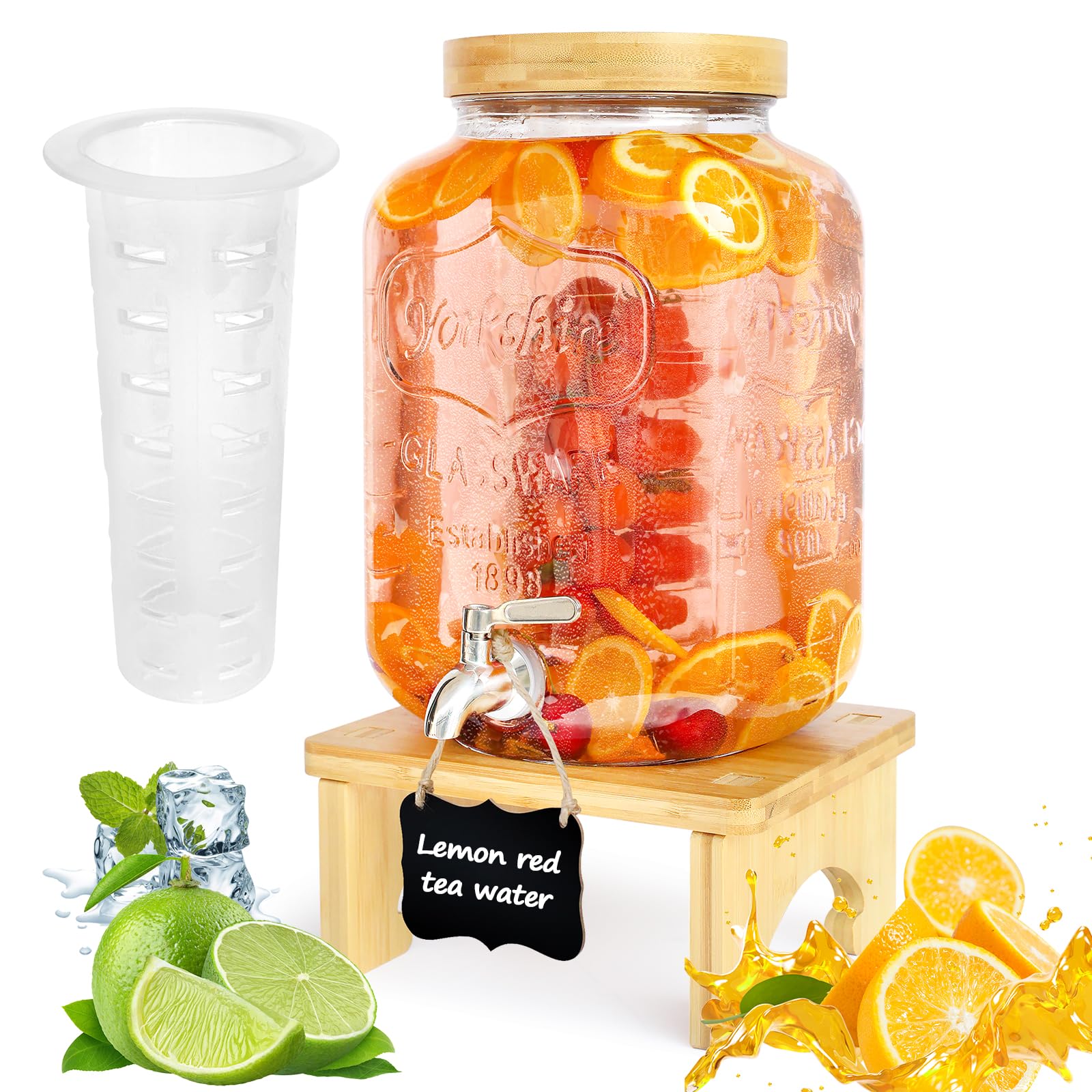 Photo 1 of 2 Gallon Drink Dispenser with Stand?Glass Beverage Dispenser With Wood Stand, 18/8 Stainless Steel Spigot and Labels Large Water Drink Dispensers for Parties, Lemonade,Juice, Tea