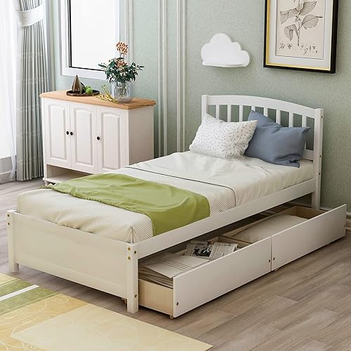 Harper & Bright Designs Cama de almacenamiento individual, cama de plataforma de tamaño individual con 2 cajones, cama individual de madera con