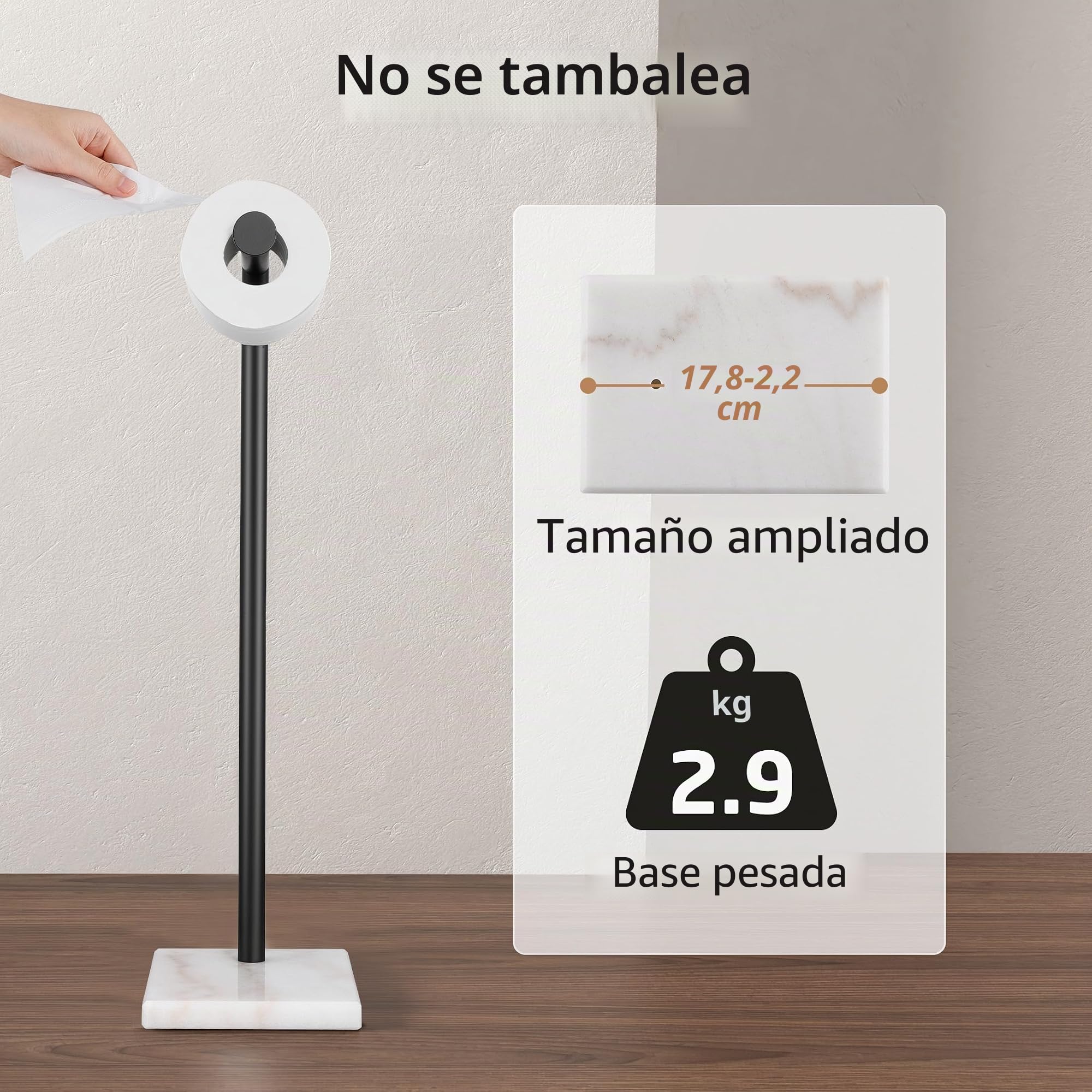 KES Portarollos Papel Higienico de Pie Portarrollos Negro Portarrollos para Papel Higiénico con Base de Mármol Acero Inoxidable, BPH285S1-BK