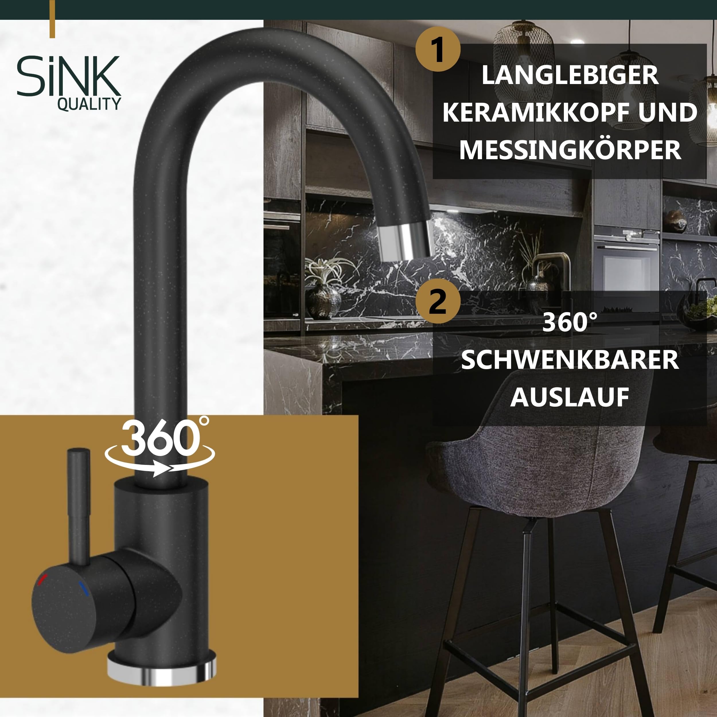 SINK QUALITY zlewozmywak granitowy czarny cętkowany z armaturą 58 x 47 – zlewozmywak z syfonem i środkiem impregnującym – zlewozmywak kuchenny czarny nakrapiany z ociekaczem do szafki pod umywalkę 50