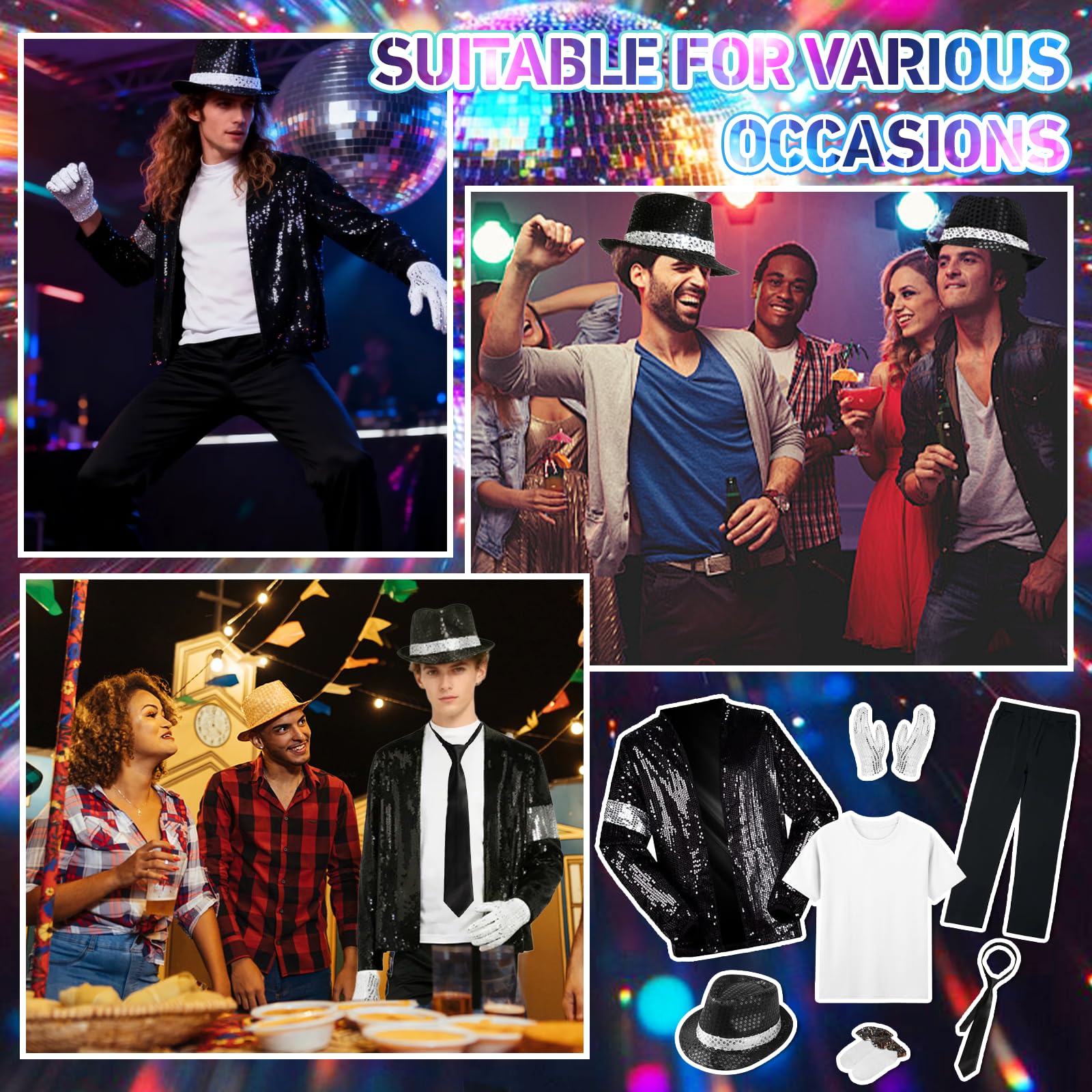 Costume da re del pop anni '80, per adulti, per cosplay, costume con cappello jazz con paillettes, giacca, top, pantaloni, guanti, calzini, cravatta, per Halloween, carnevale, feste a tema anni '80