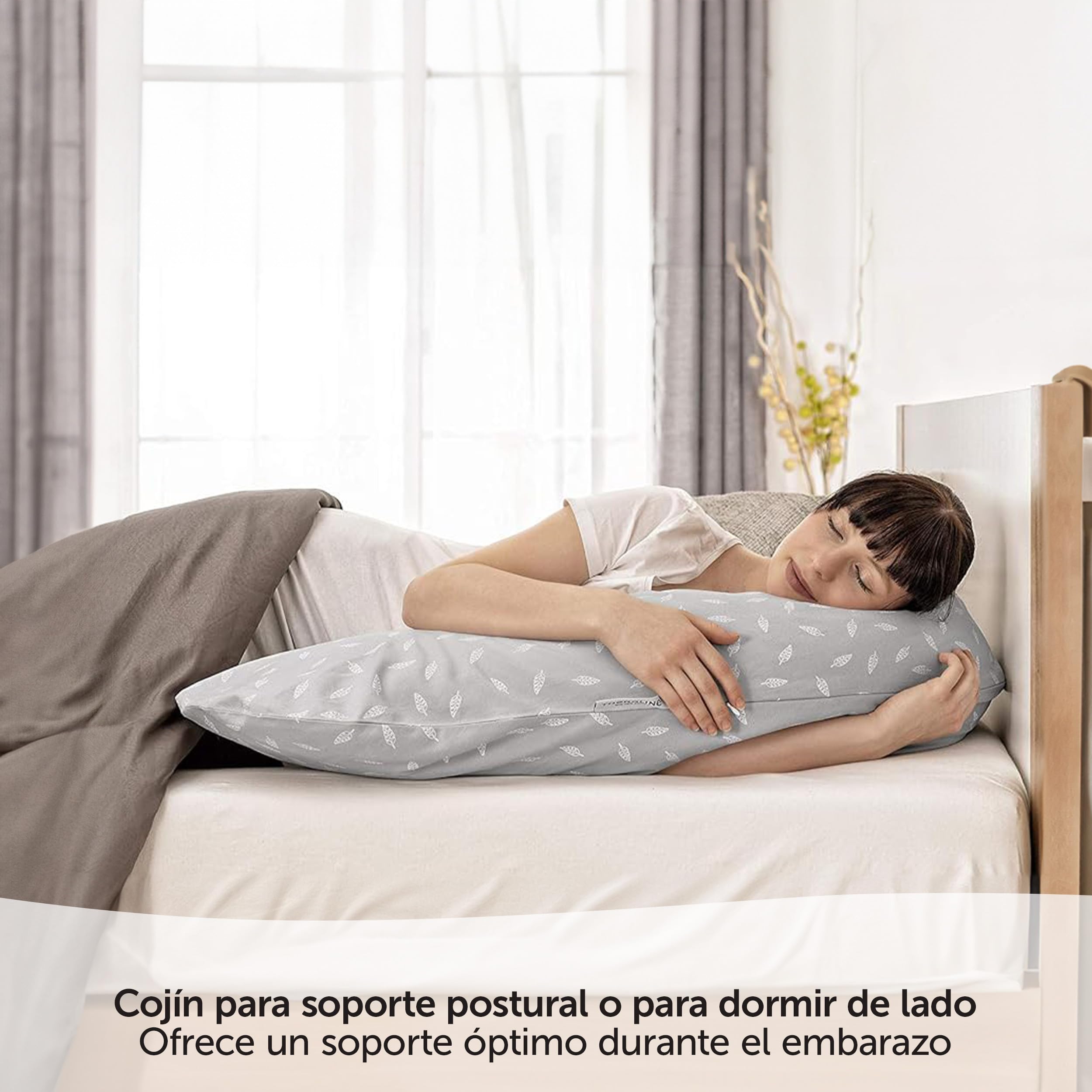 Theraline Original Almohada Embarazada XXL 190 cm - Cojin Lactancia Bebe 100% Algodón - Relleno de Microperlas Silenciosas - Cojín Dormir Embarazo Sin Sustancias Nocivas - Gris Hojas